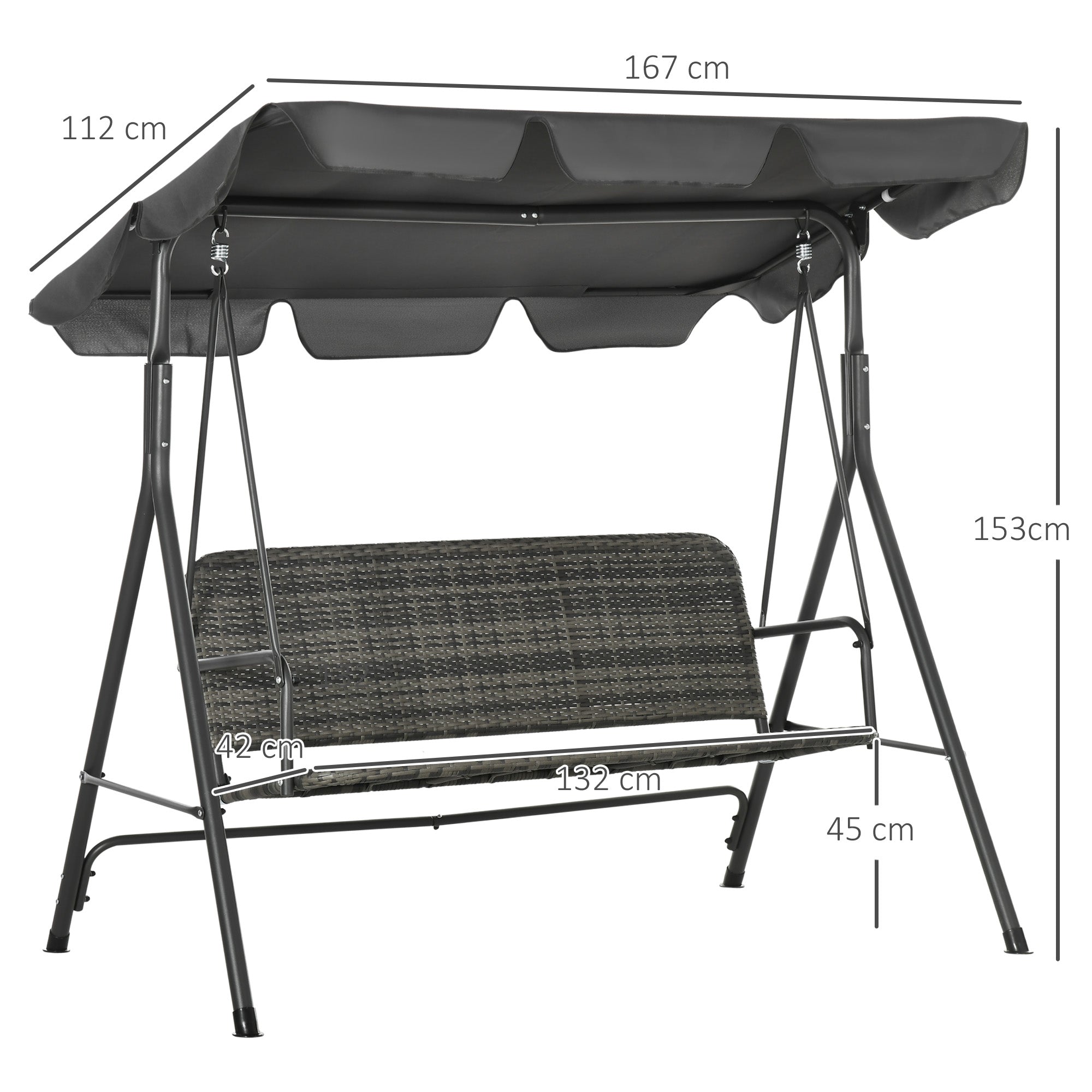 EasyComfort Dondolo da Giardino 3 Posti con Tettuccio Regolabile in Rattan PE, 167x112x153cm, Grigio Scuro