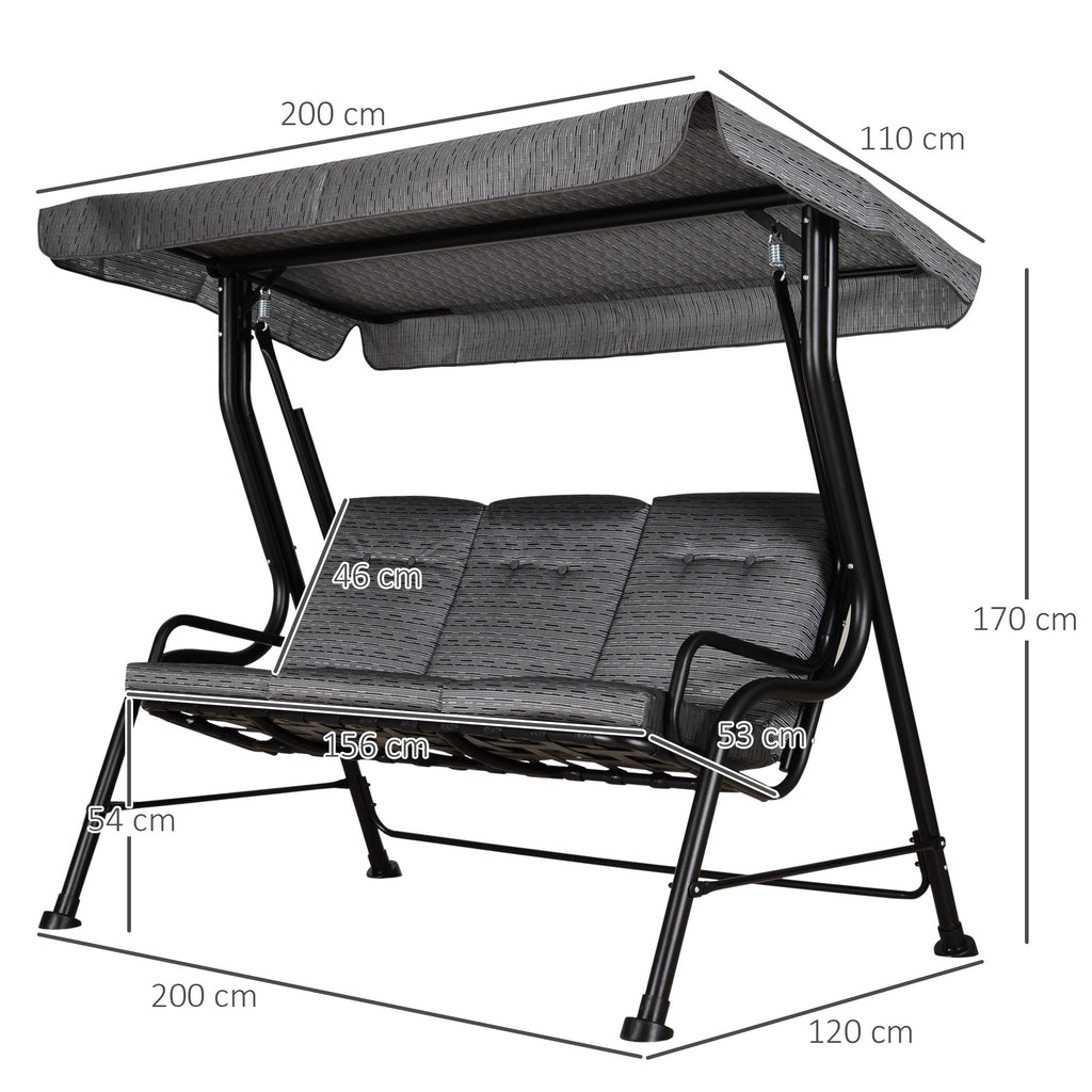 EASYCOMFORT schommelbank 3-persoons met verstelbaar dak, 200x120x170 cm, zwart
