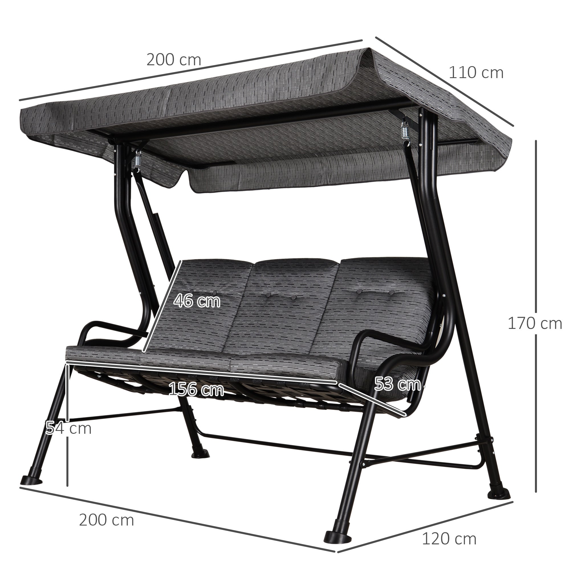 EASYCOMFORT schommelbank 3-persoons met verstelbaar dak, 200x120x170 cm, zwart