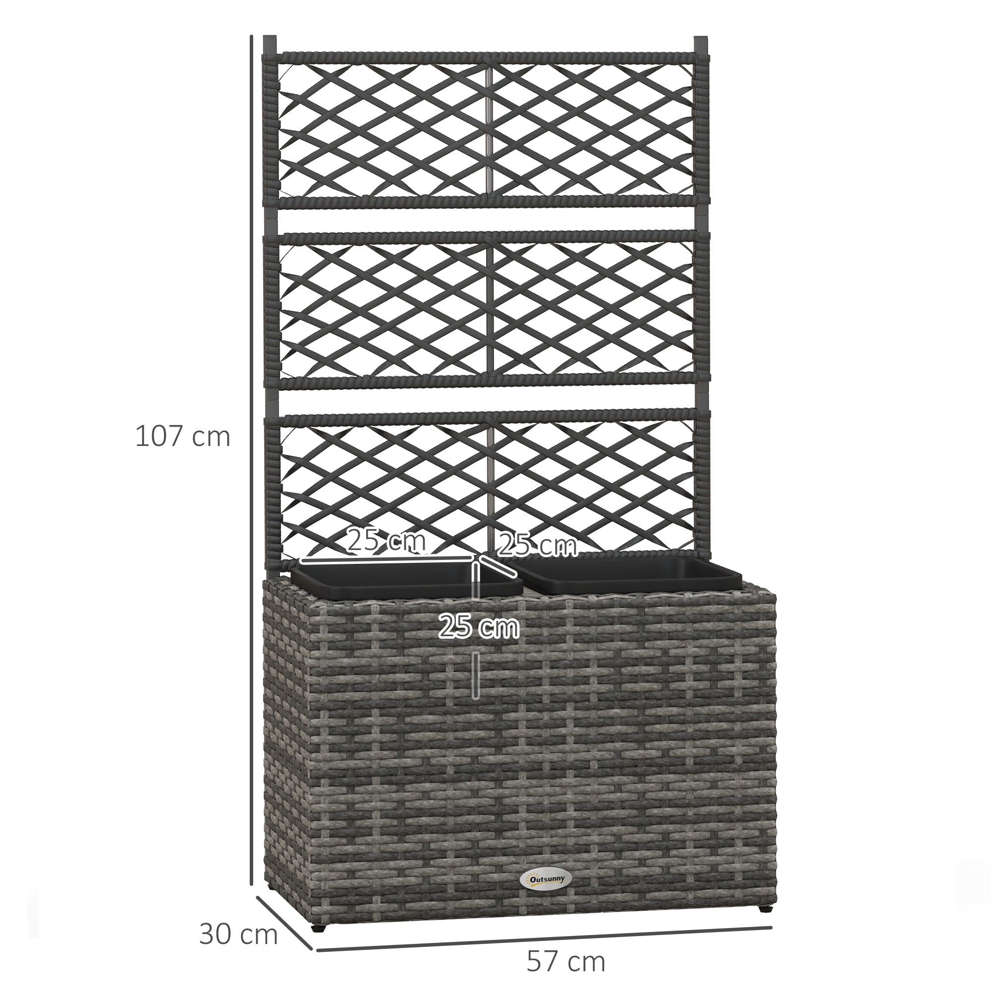 EasyComfort Fioriera con Grigliato per Rampicanti con 2 Vasi in Acciaio e Rattan PE, 57x30x107cm, Grigio