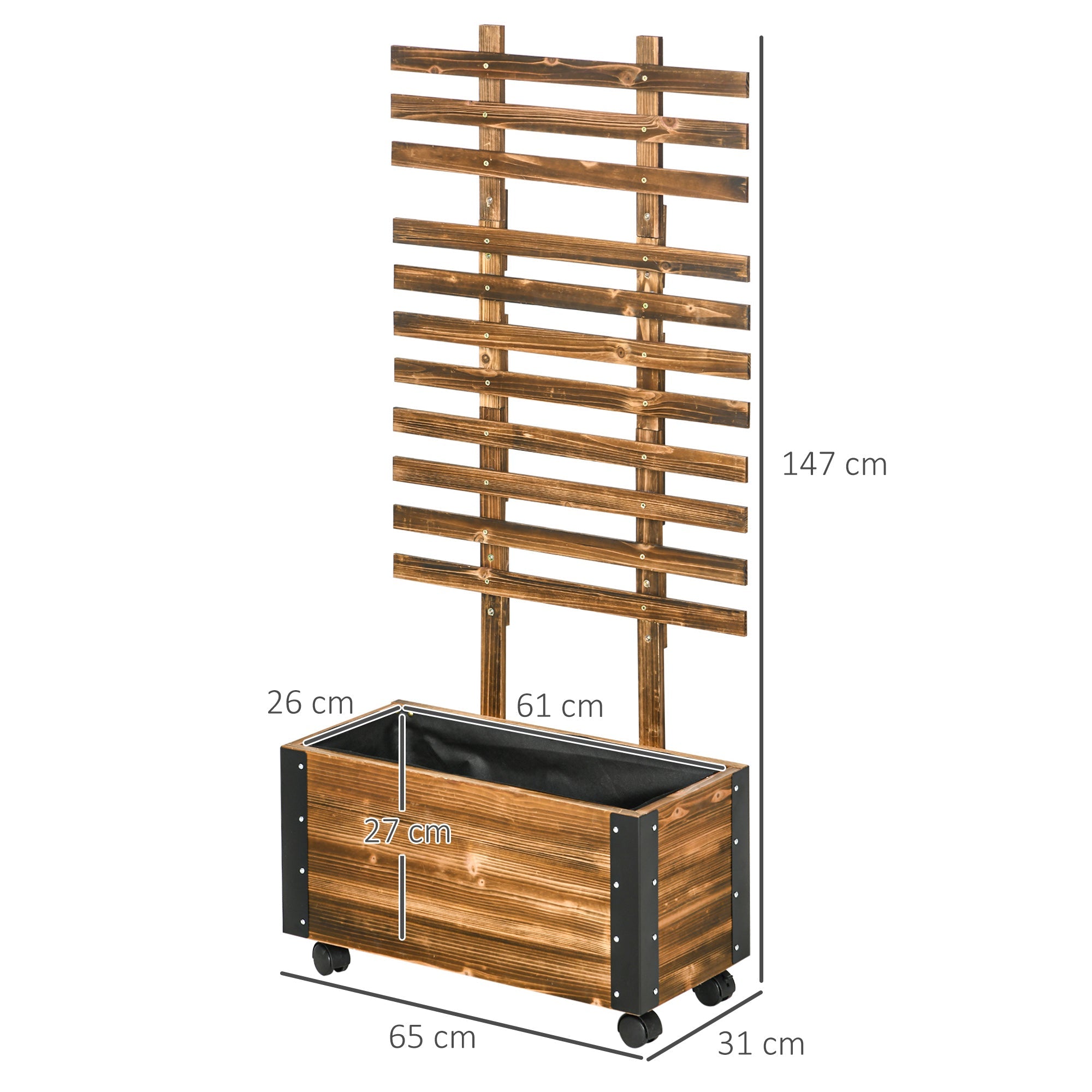 EasyComfort Fioriera with Traliccio per Rampicanti e Rotelle, in Legno di Abete, 65x31x147 cm, Marrone