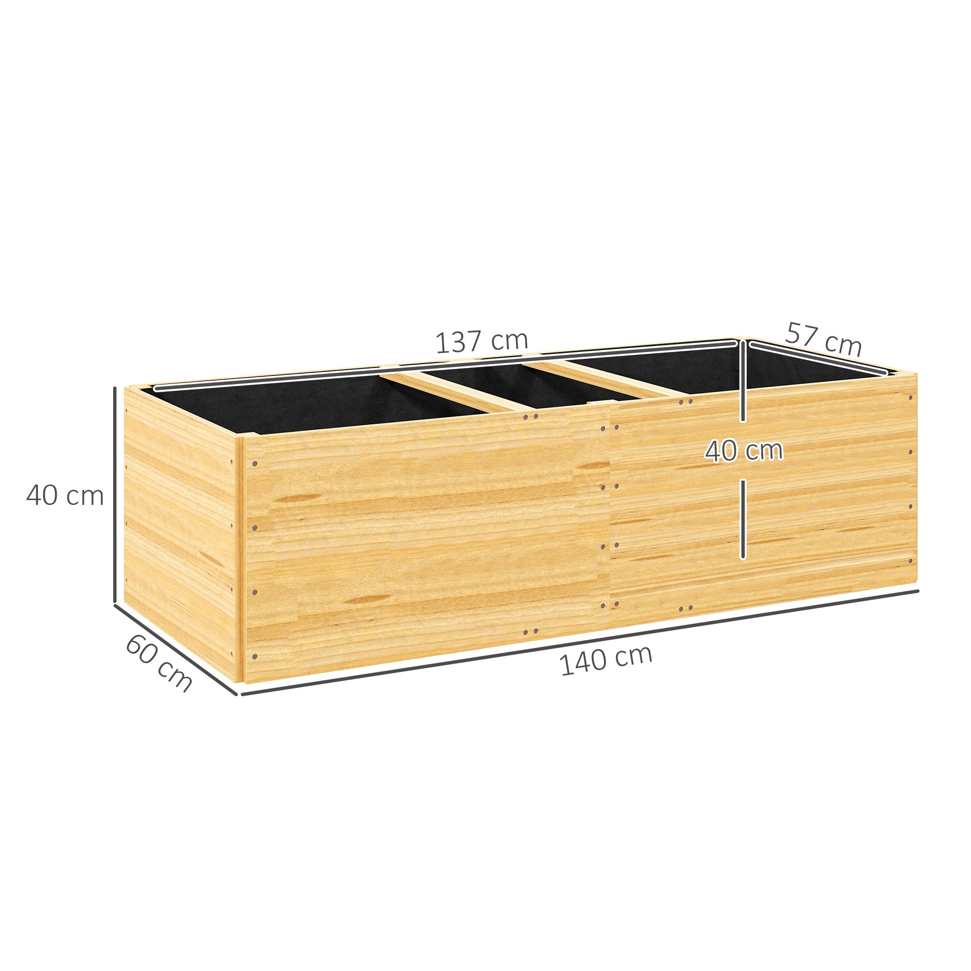 EasyComfort Fioriera da Esterno in Legno di Abete Divisa in 3 Aree with Strato in Tessuto non Tessuto, 140x60x40 cm