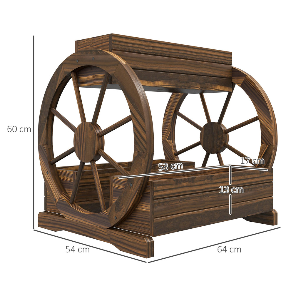 EasyComfort Fioriera in Legno da Esterno a 2 Livelli with 3 Vasi e Ruote di Carro Stile Country, 64x54x60cm