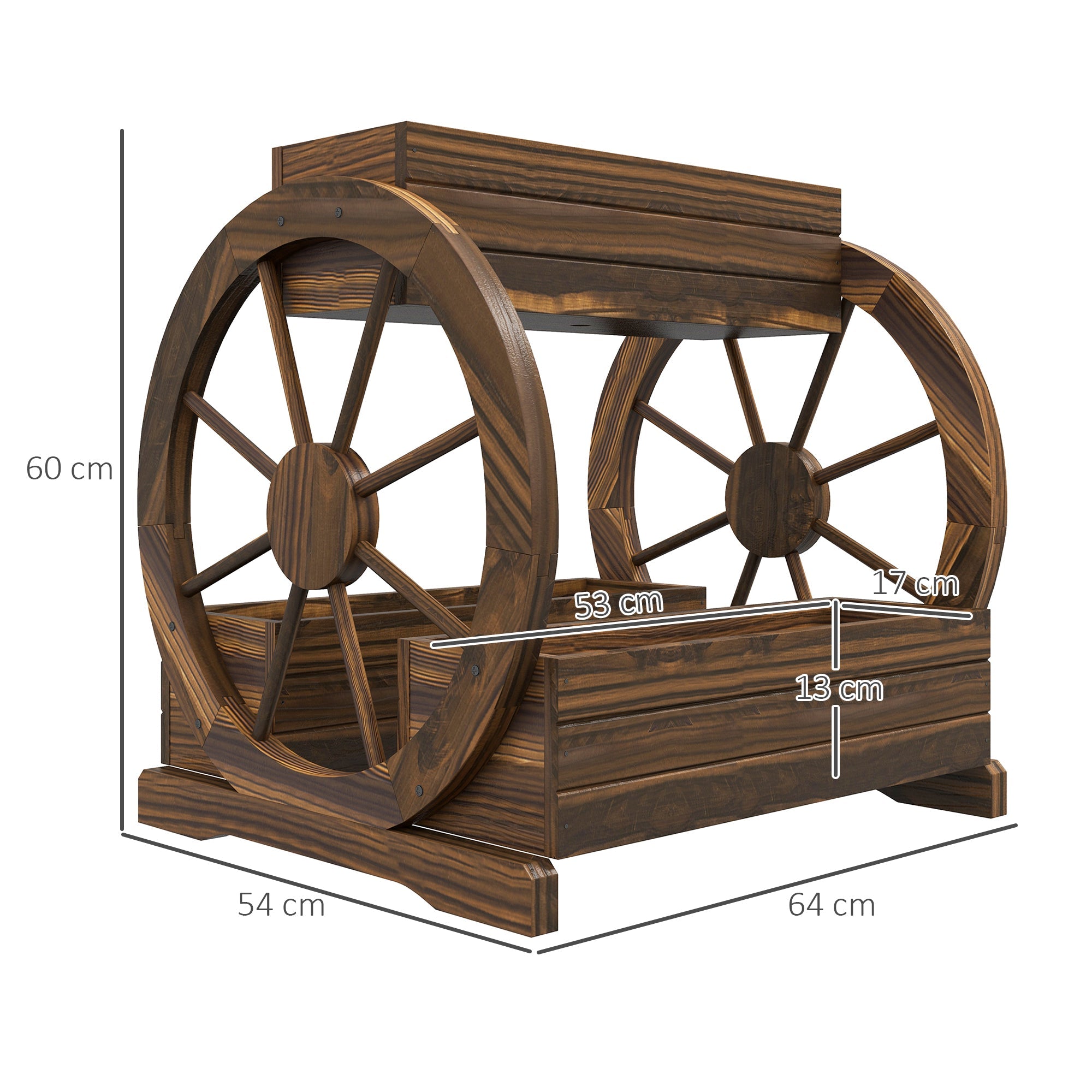 EasyComfort Fioriera in Legno da Esterno a 2 Livelli with 3 Vasi e Ruote di Carro Stile Country, 64x54x60cm