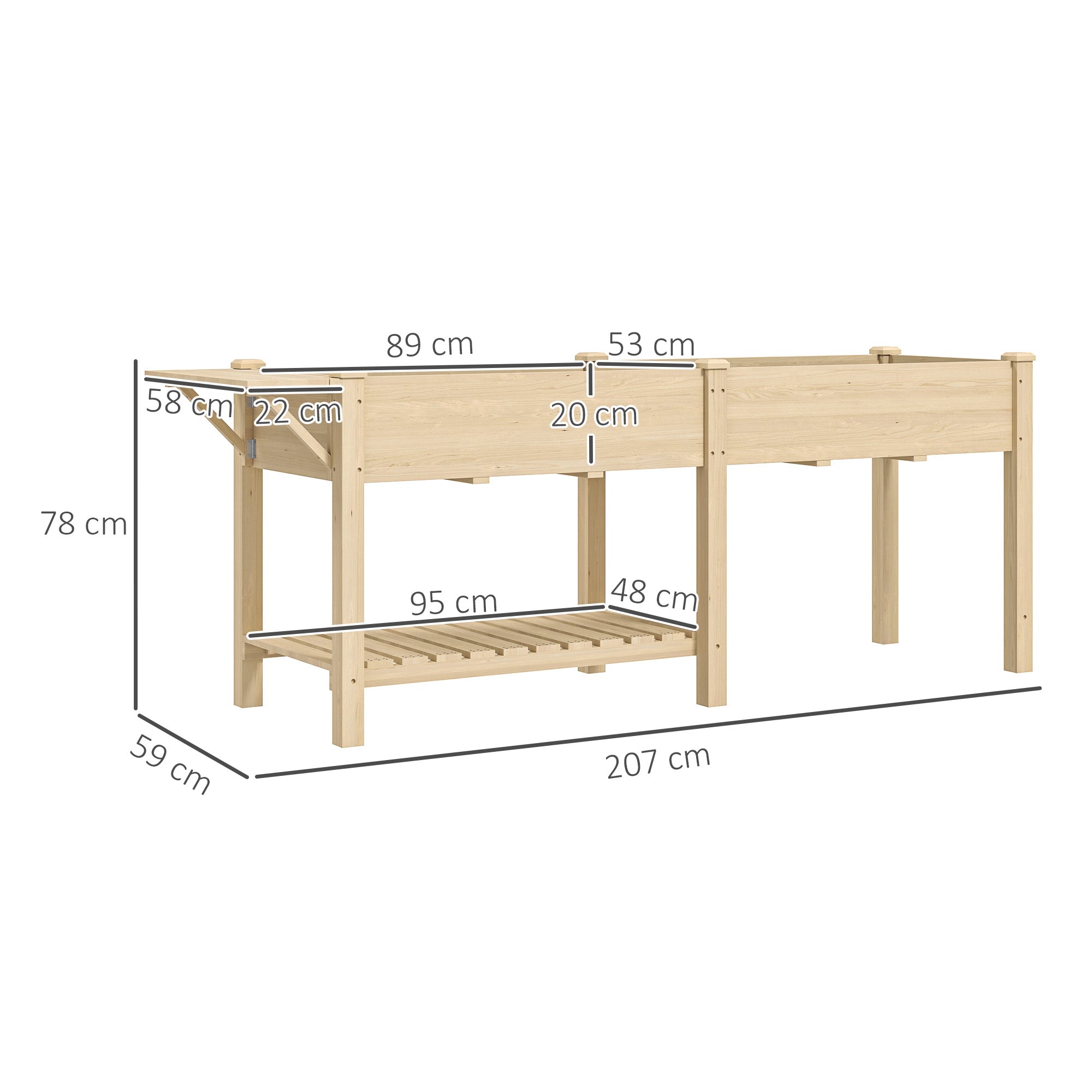 EasyComfort Fioriera Rialzata with Tavolino Laterale e Ripiano Porta Attrezzi Inferiore, in Legno di Abete, 207x59x78 cm