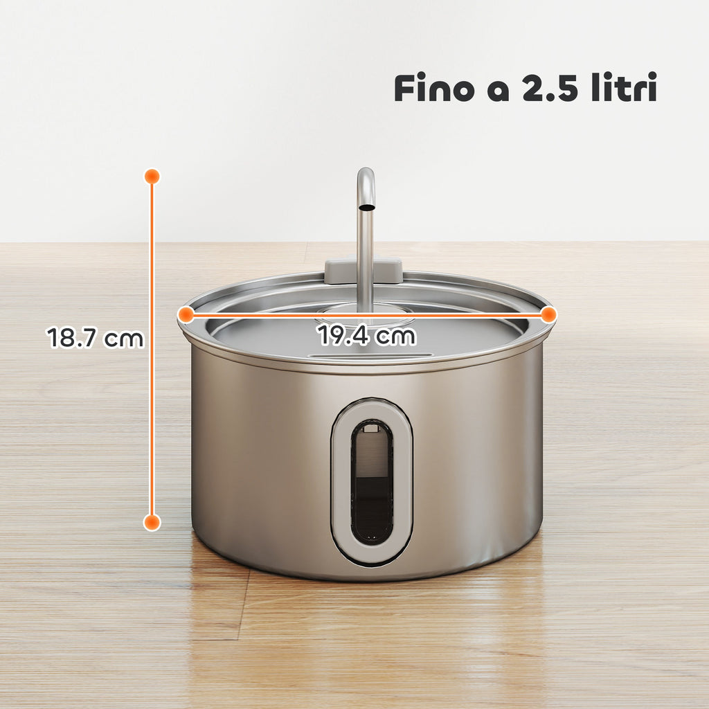 EasyComfort Fontanella per Gatto 2.5L con Luce LED e 2 Modalità di Flusso, in Acciaio Inox, 19.4x19.4x18.7 cm, Argento