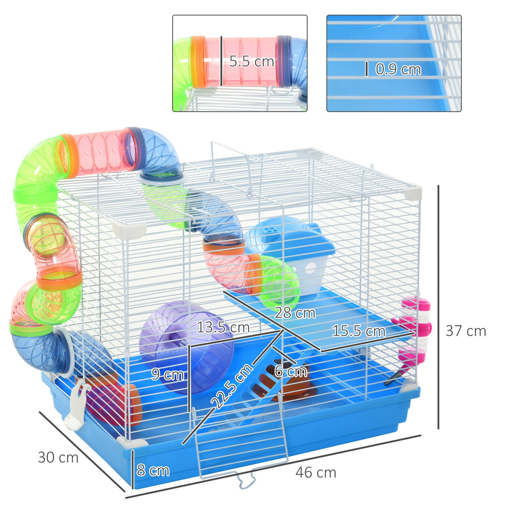 EASYCOMFORT 2-Tier Hamster Cage with Water Tank, Tray, Tube and Hamster Wheel, 46x30x37cm