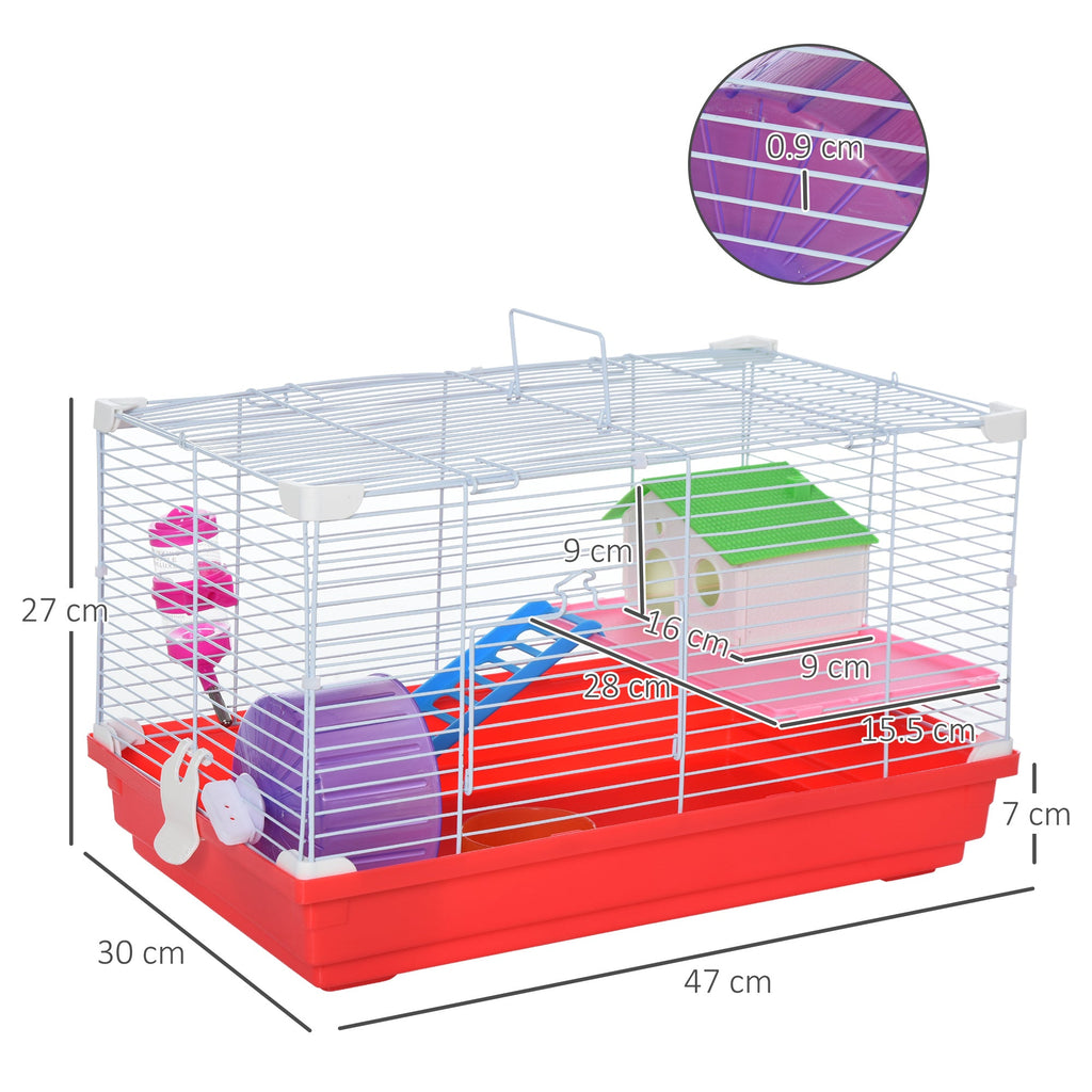 EasyComfort Hamsterkooi 2 niveaus met huisje, drinkfles en looprad 47x30x27 cm