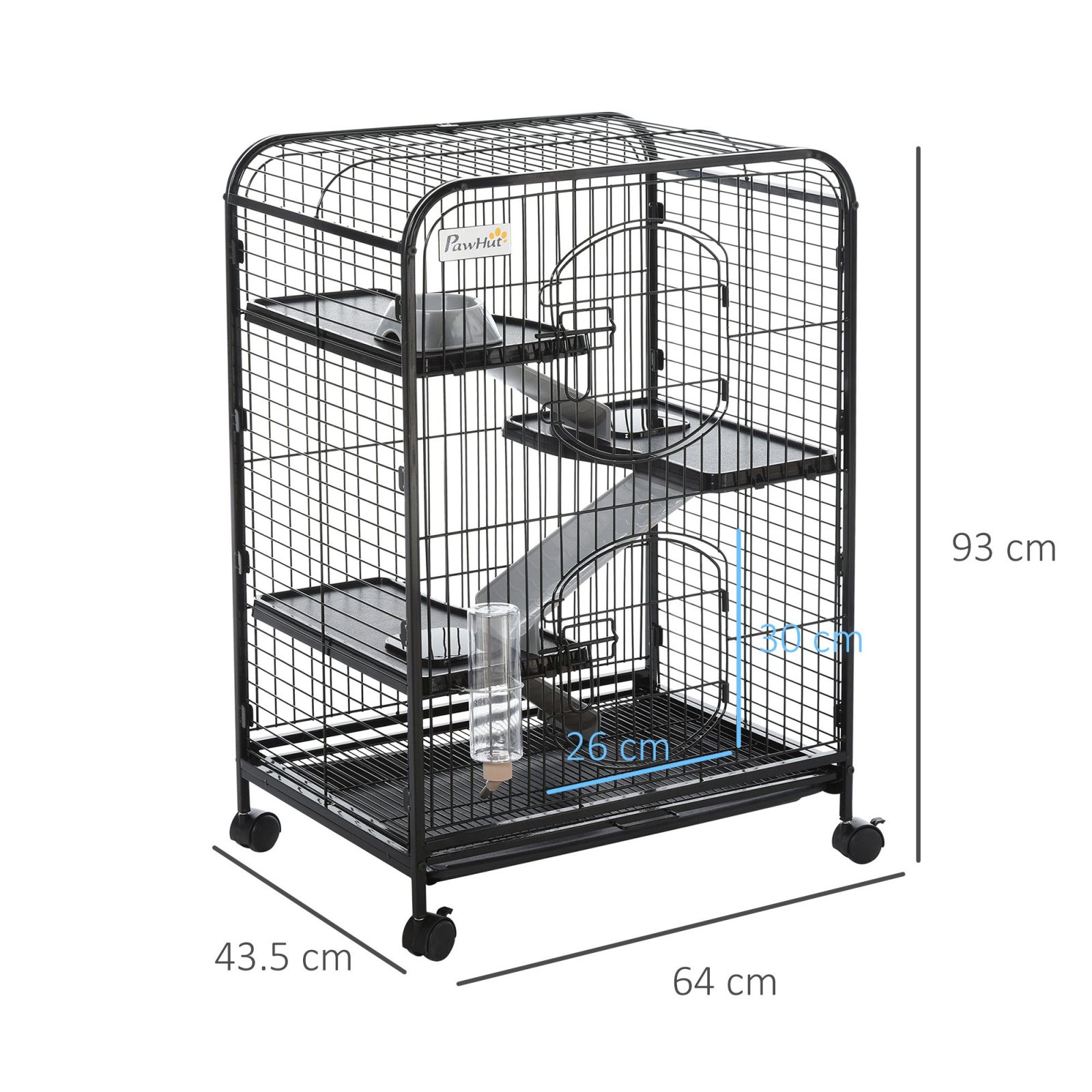 EASYCOMFORT Cage for Rodents with Wheels, Bowl and Bottle, 64x43.5x93cm, Black