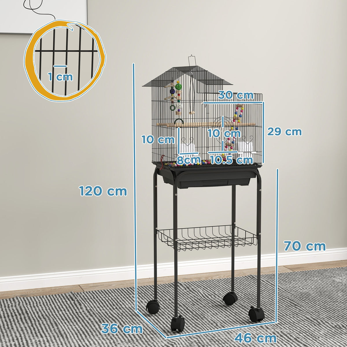 EasyComfort Vogelkooi met onderstel, zwenkwielen en accessoires, 46x36x120 cm