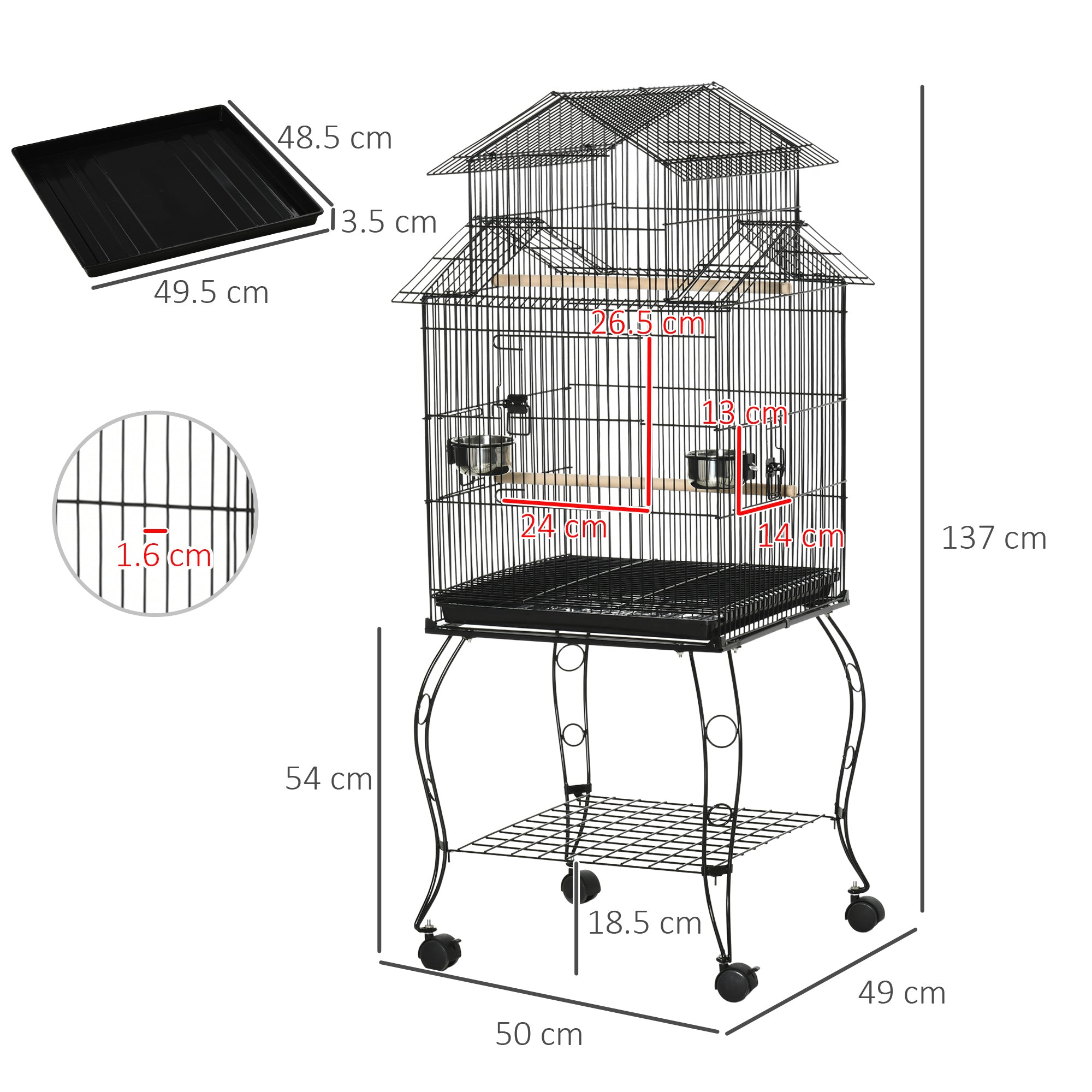 EASYCOMFORT Indoor Bird Cage in Steel and Wood with Tray, 4 Wheels and Perch, 50x49x137cm