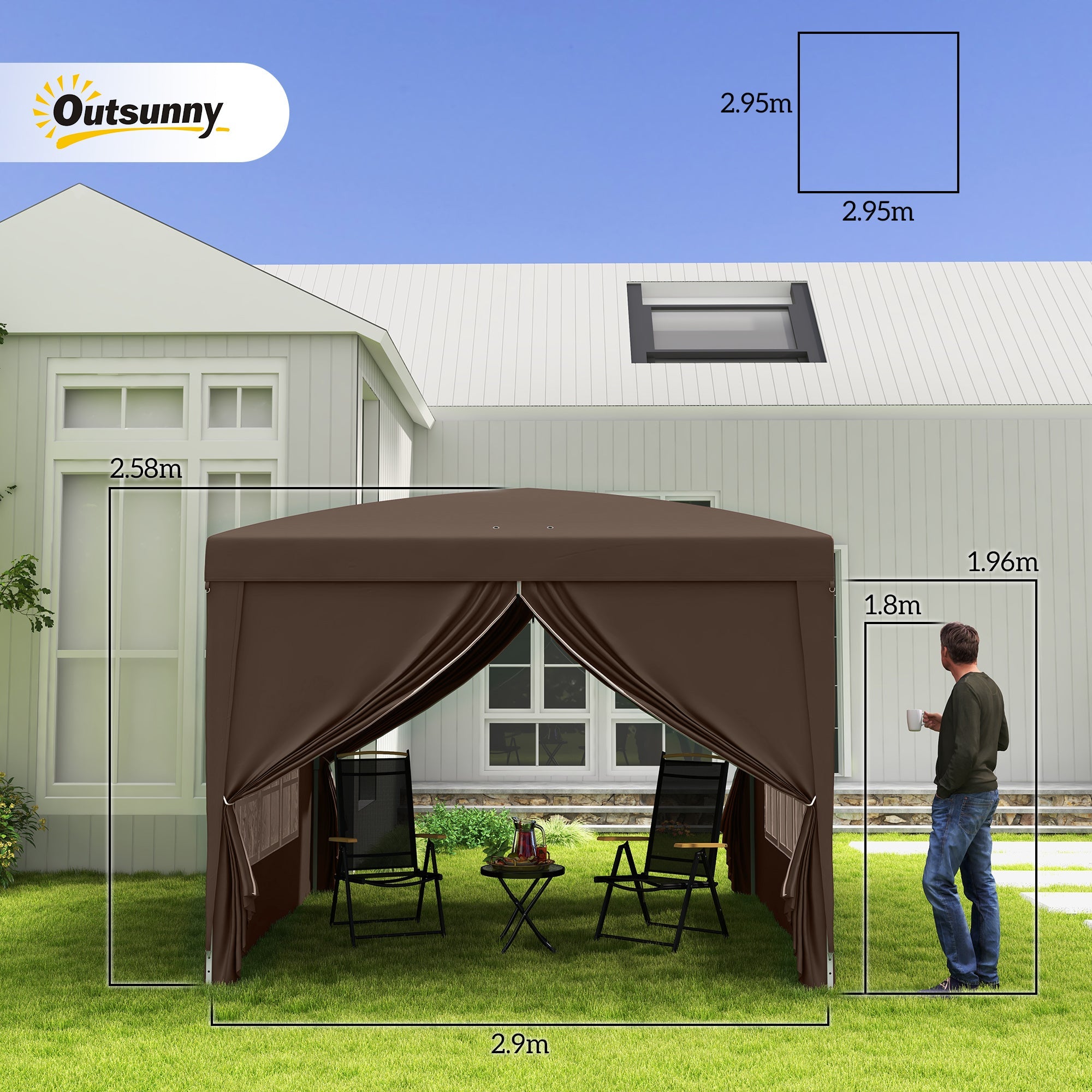 EasyComfort 3x3 m inklapbare partytent met 4 zijpanelen, koffie
