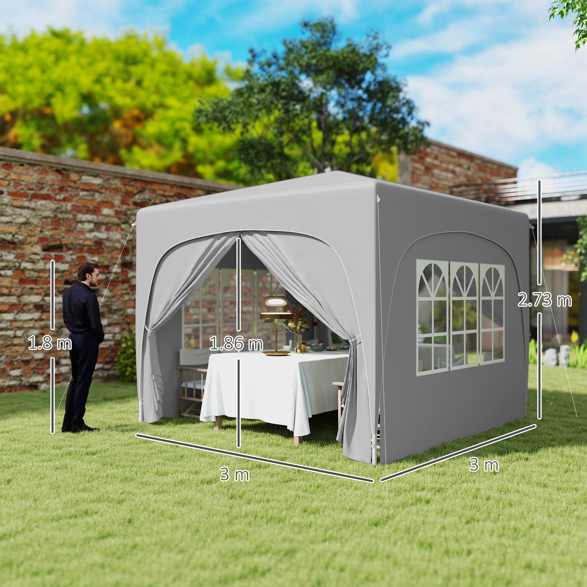 EasyComfort Gazebo 3x3 m inklapbaar verstelbare hoogte UPF50+ lichtgrijs