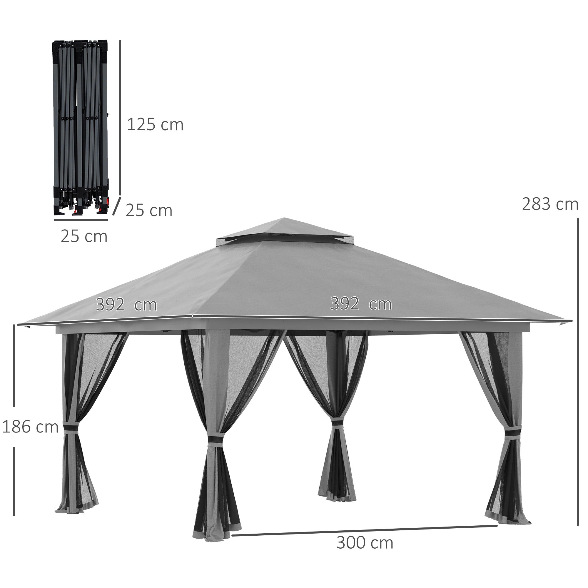 Easycomfort Gazebo Pieghevole 4x4 with Borsa da Trasporto, Picchetti, Funi e Sacchi di Sabbia Inclusi, 392x392x283 cm, Grigio