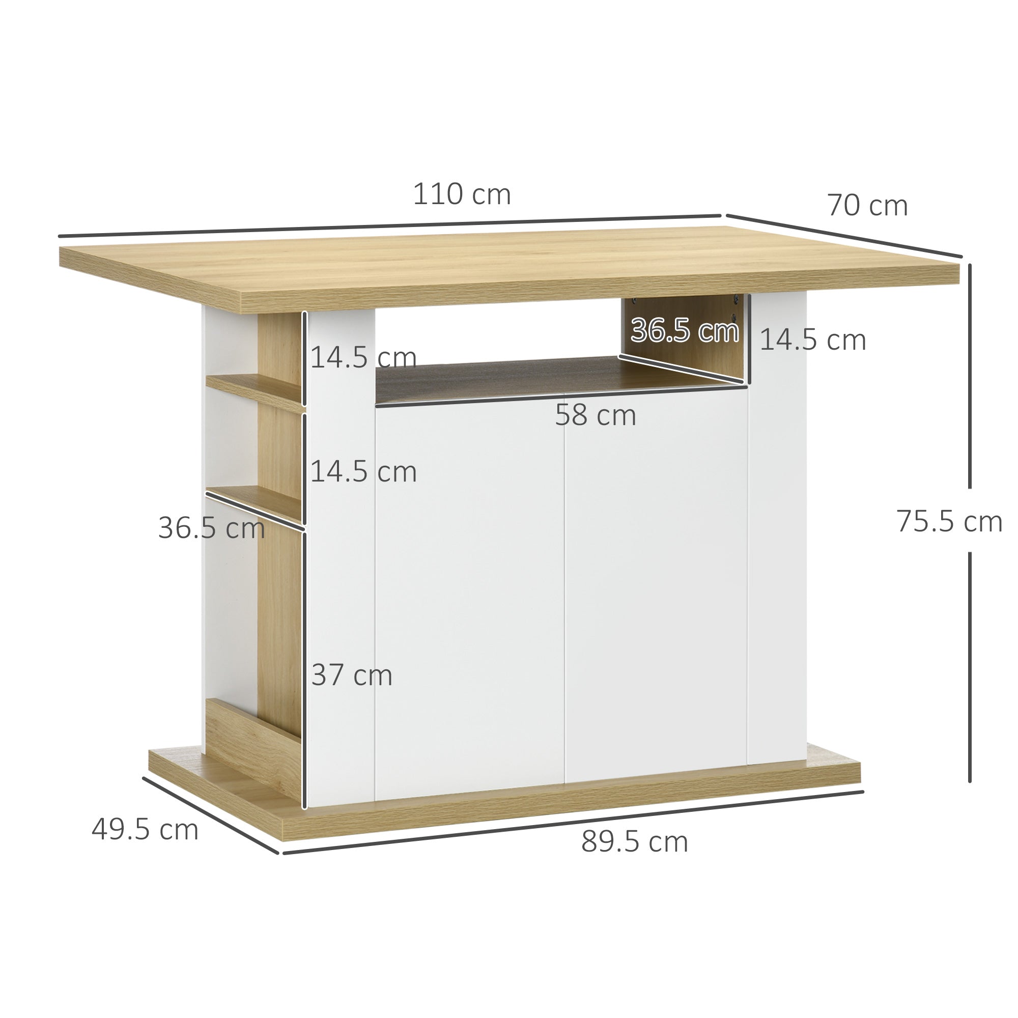 EasyComfort Isola keukeneiland voor 4-6 personen, met kasten en open planken, 110x70x75.5 cm