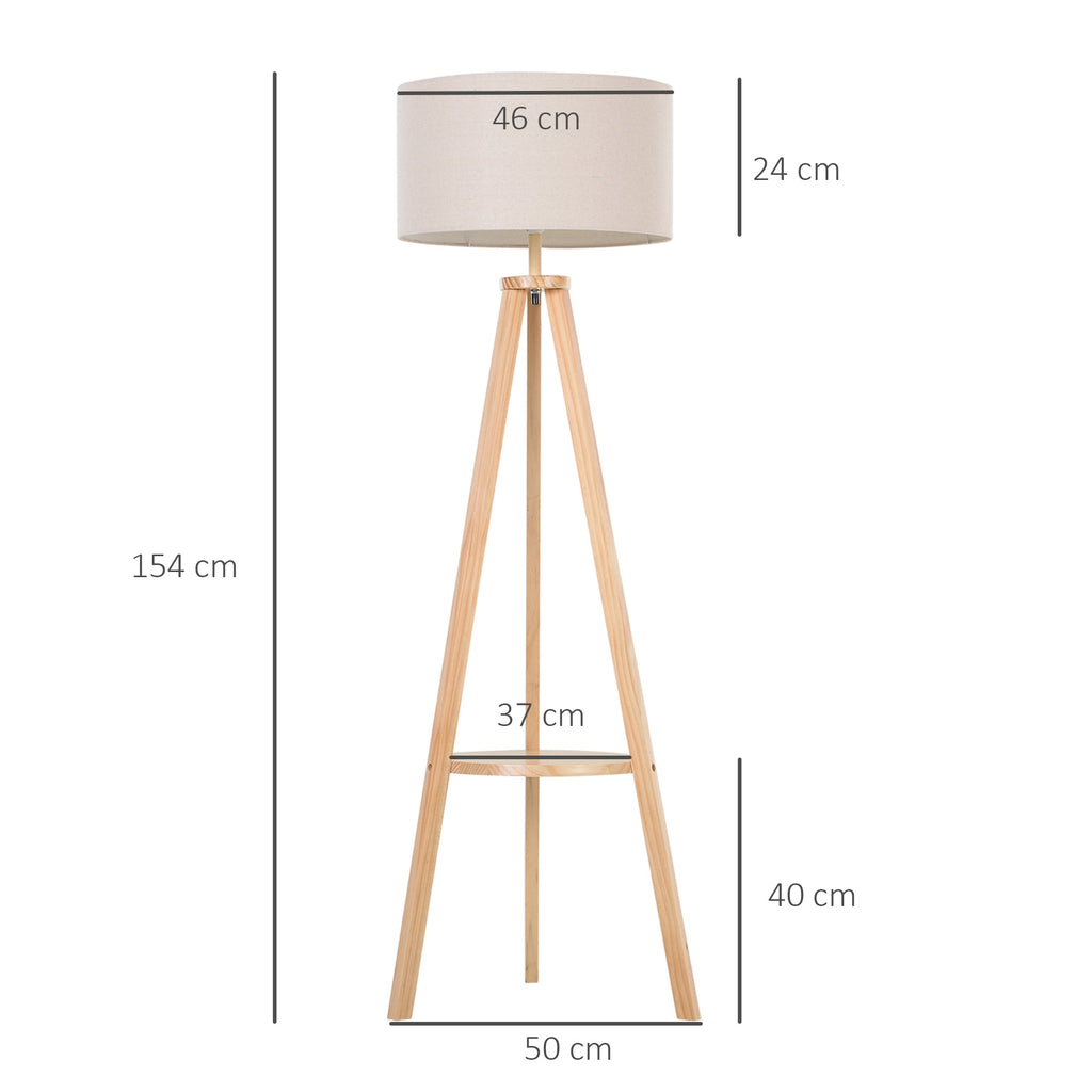 Easycomfort Lampada da Terra with Ripiano Intermedio Paralume in Lino Interruttore a Pedale Risparmio Energetico Altezza 154cm, Legno, 50x50x154 cm