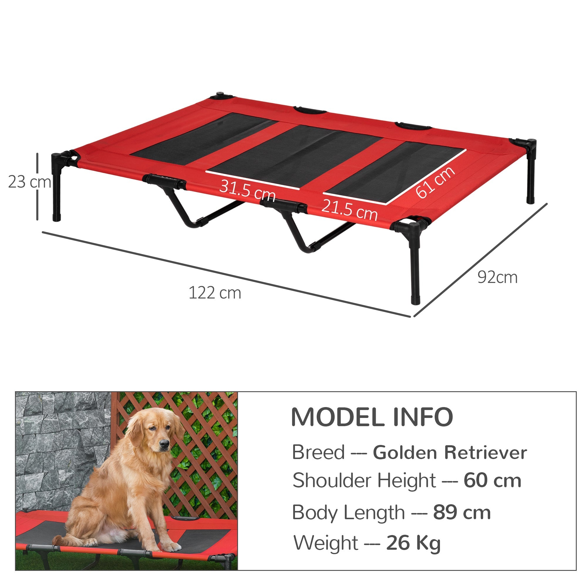 EasyComfort Lettino per Cani 50kg max Rialzato con Borsa da Viaggio, in Metallo e Tessuto Oxford, 122x92x23 cm, Rosso