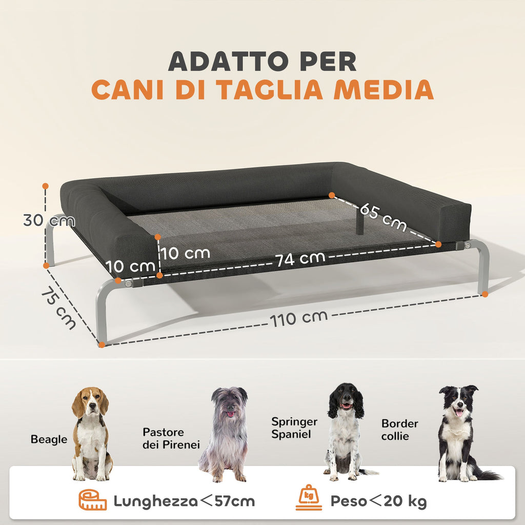 EasyComfort Lettino per Cani Rialzato di 19.5 cm con Cuscino a U, in Poliestere e Acciaio, 110x75x30 cm, Nero e Argento