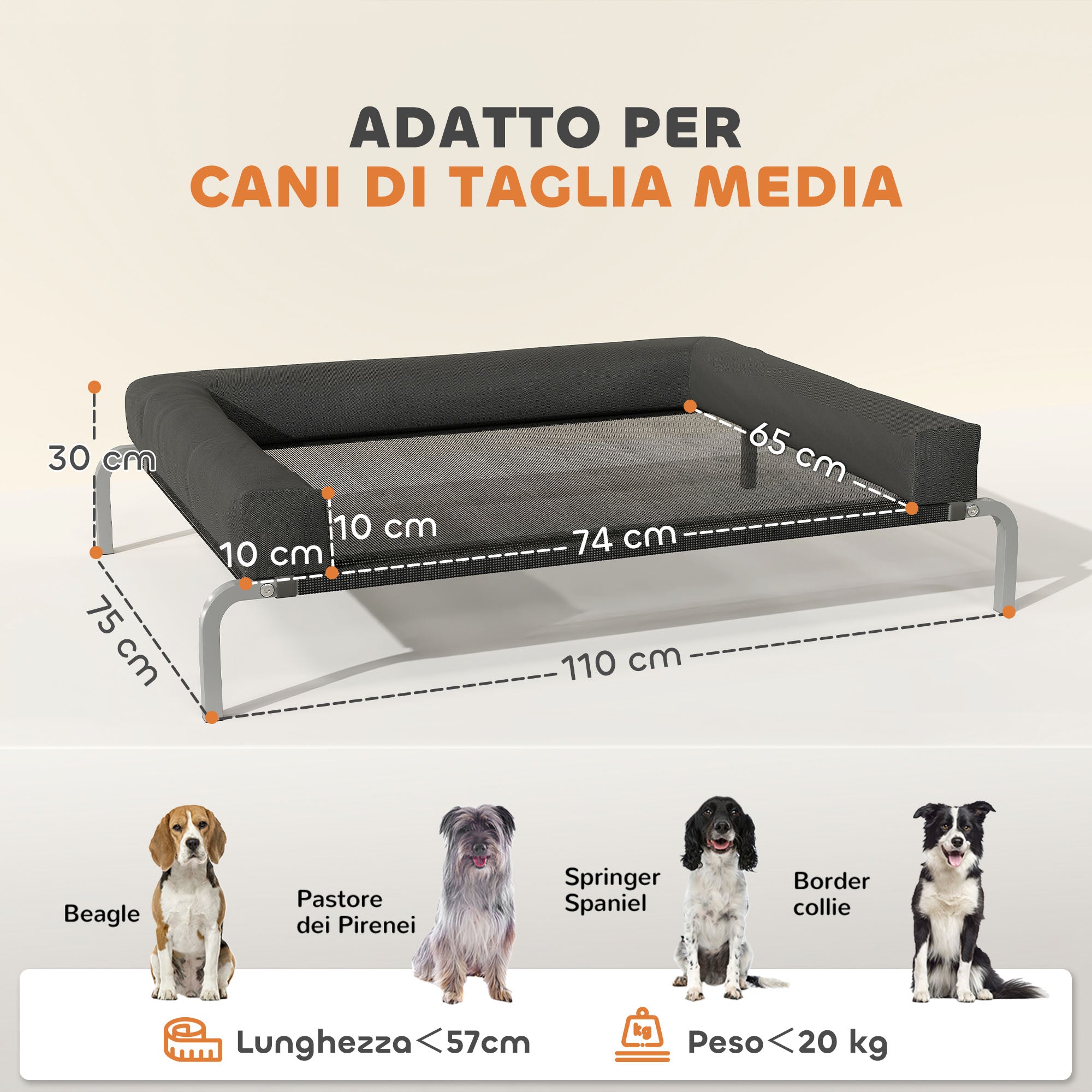 EasyComfort Lettino per Cani Rialzato di 19.5 cm con Cuscino a U, in Poliestere e Acciaio, 110x75x30 cm, Nero e Argento