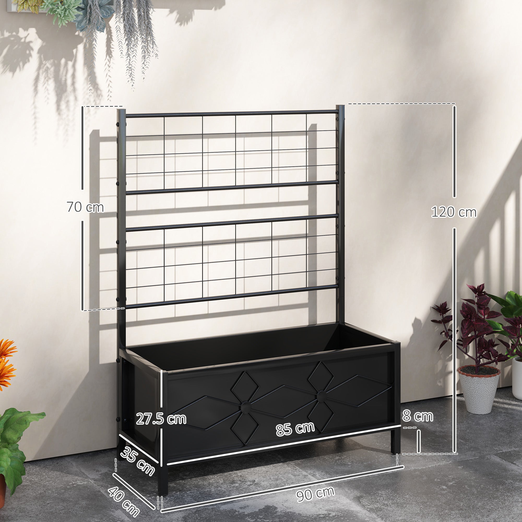 EasyComfort Letto per Orto Rialzato with Traliccio per Piante Rampicanti in Acciaio Zincato, 90x40x120 cm, black