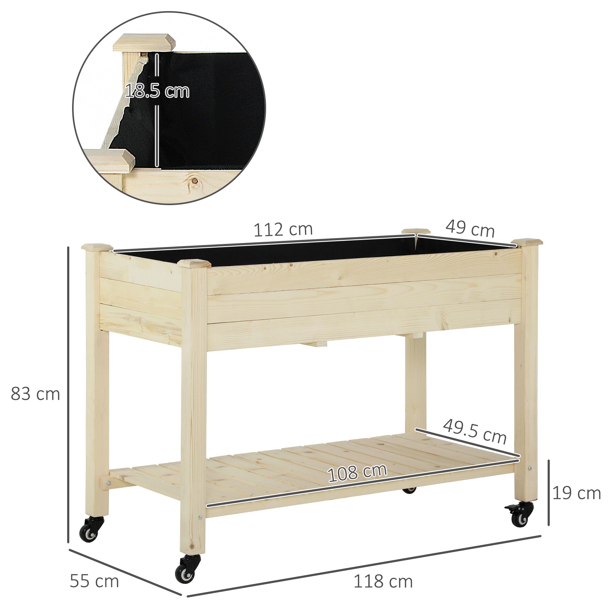EasyComfort Letto per Orto Rialzato in Legno with Rotelle e Ripiano Inferiore, 118x55x83cm, Legno Naturale