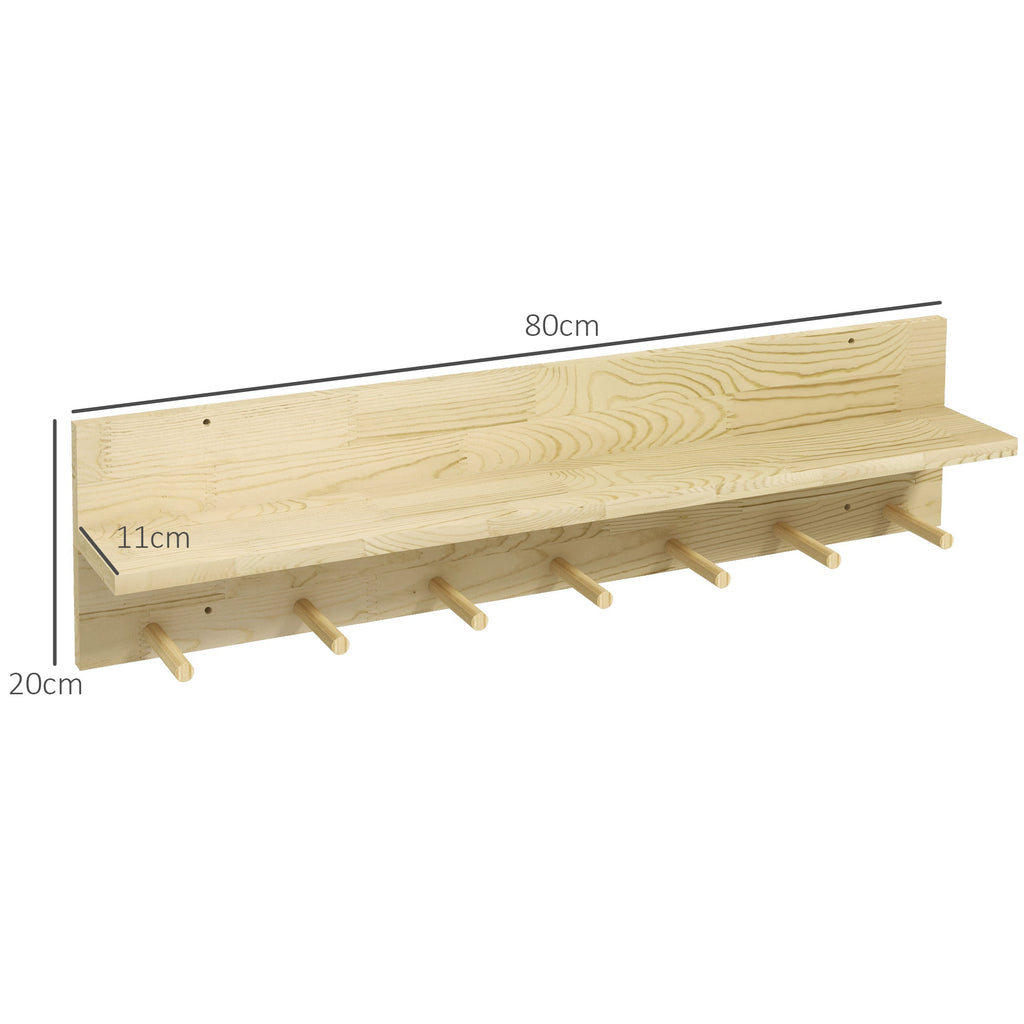 EasyComfort Mensola da Parete in Legno di Abete with 7 Ganci per Ingresso e Soggiorno, 80x12x20 cm