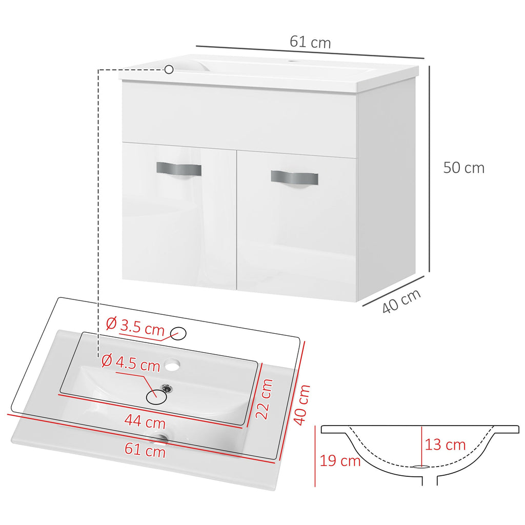 EasyComfort Mobile Bagno Sospeso with Lavabo, Armadietto a 2 Ante with Cerniere Ammortizzate, 61x40x50cm, white Lucido