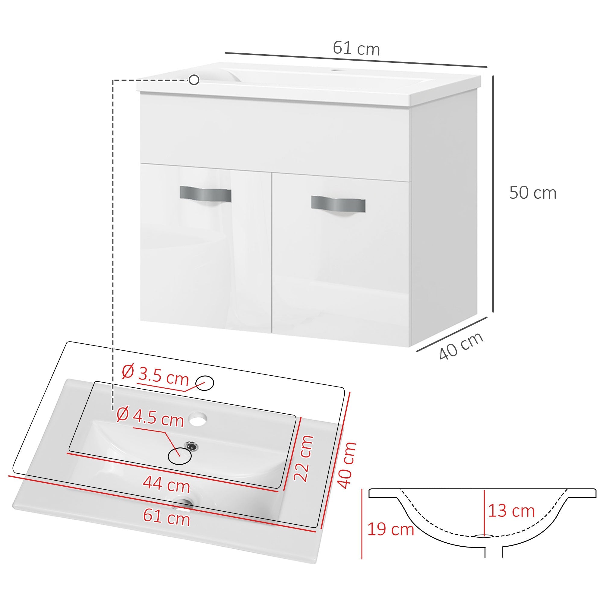 EasyComfort Mobile Bagno Sospeso with Lavabo, Armadietto a 2 Ante with Cerniere Ammortizzate, 61x40x50cm, white Lucido