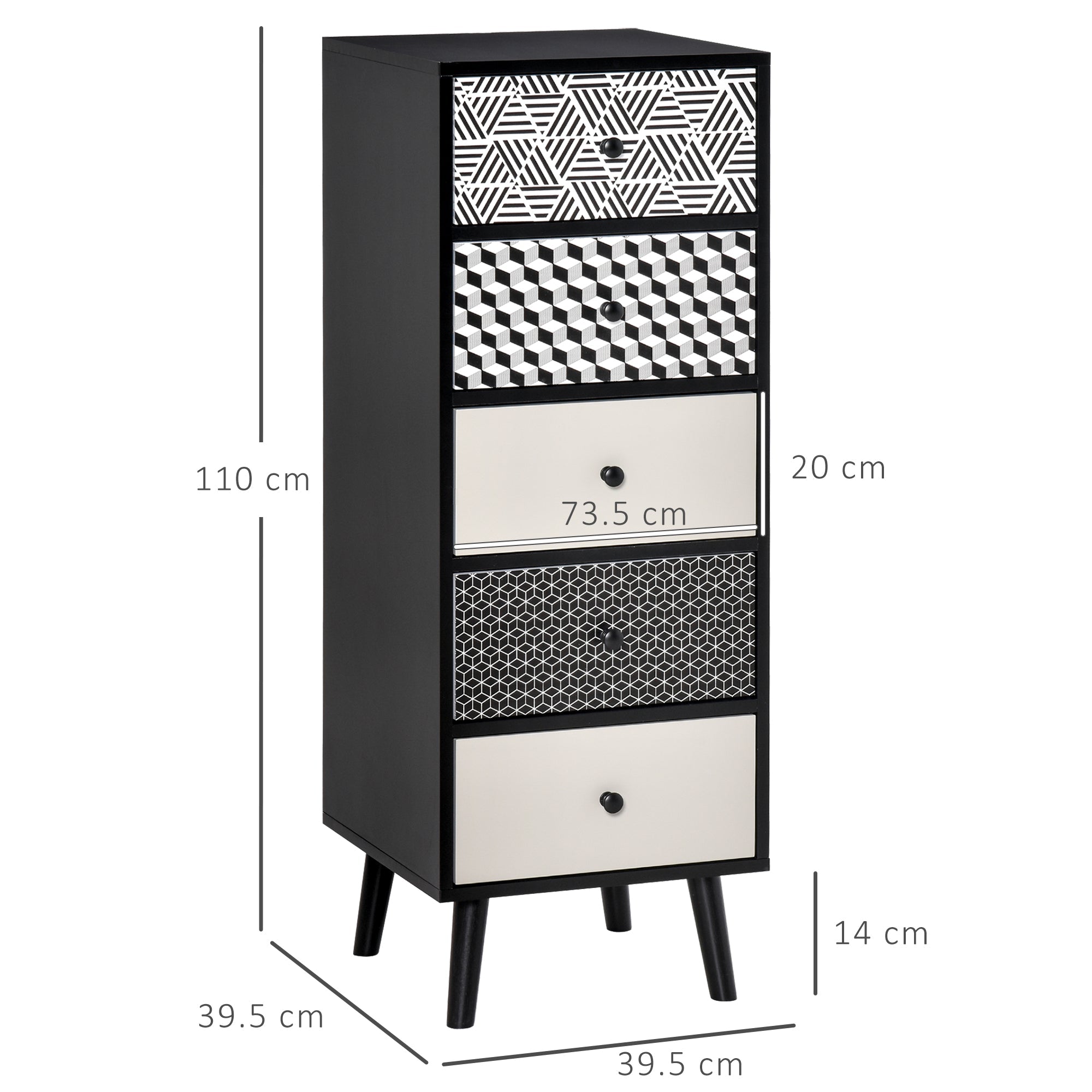 Easycomfort Mobile Cassettiera 5 Cassetti Fantasia Geometrica, Arredamento Moderno Camera e Ingresso, 40x40x111.5cm black Grigio