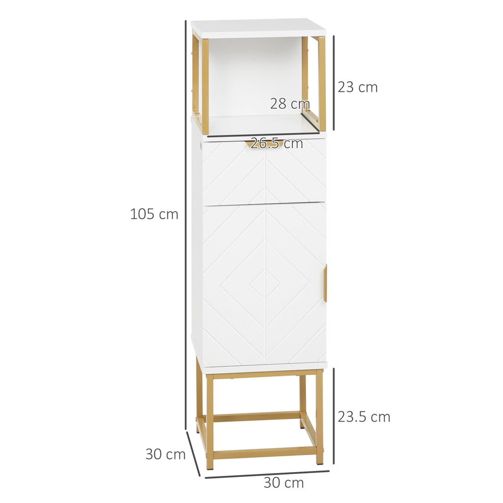 Easycomfort Mobile Colonna Bagno with Cassetto, Armadietto e Ripiano in Legno e Metallo, 30x30x105cm, white
