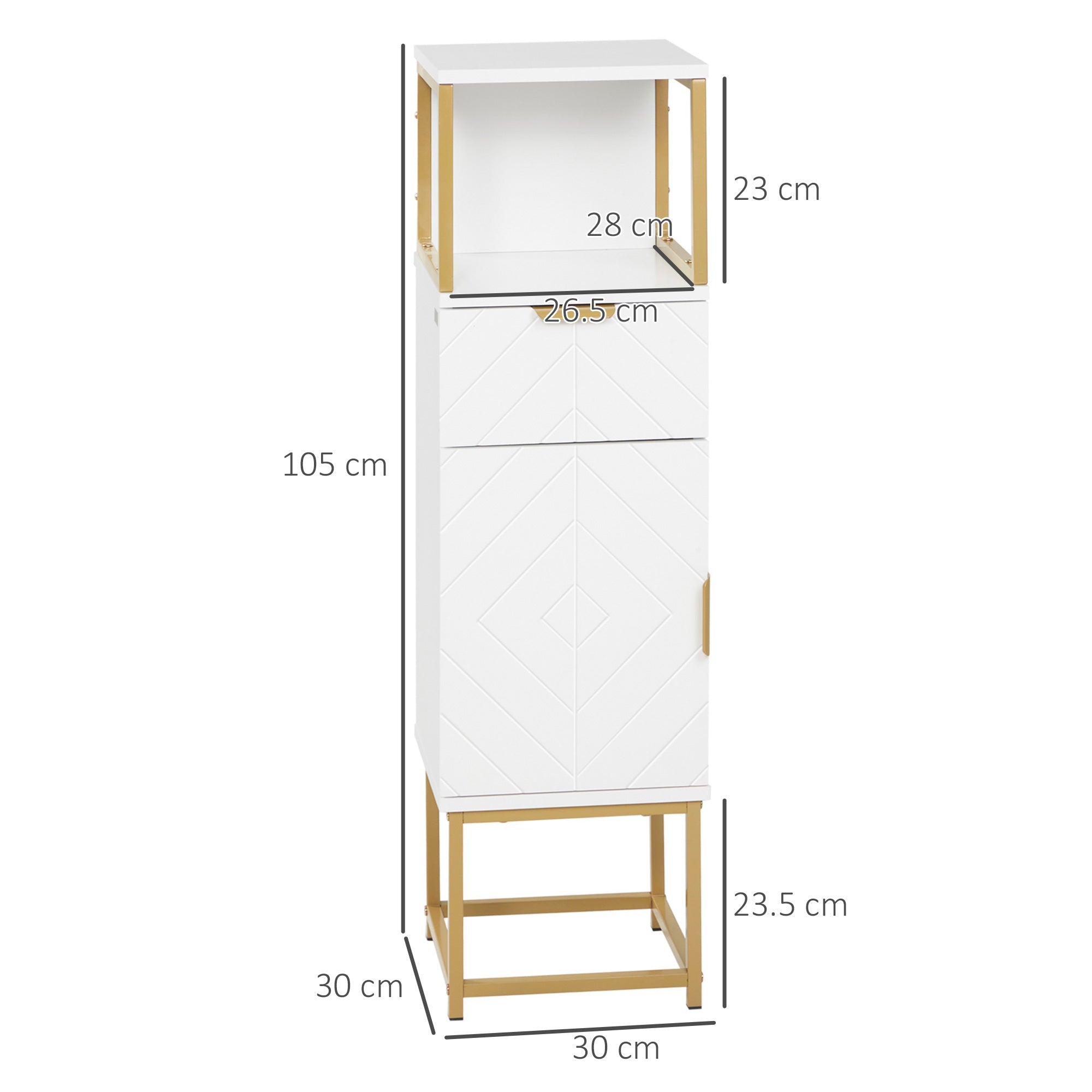 Easycomfort Mobile Colonna Bagno with Cassetto, Armadietto e Ripiano in Legno e Metallo, 30x30x105cm, white
