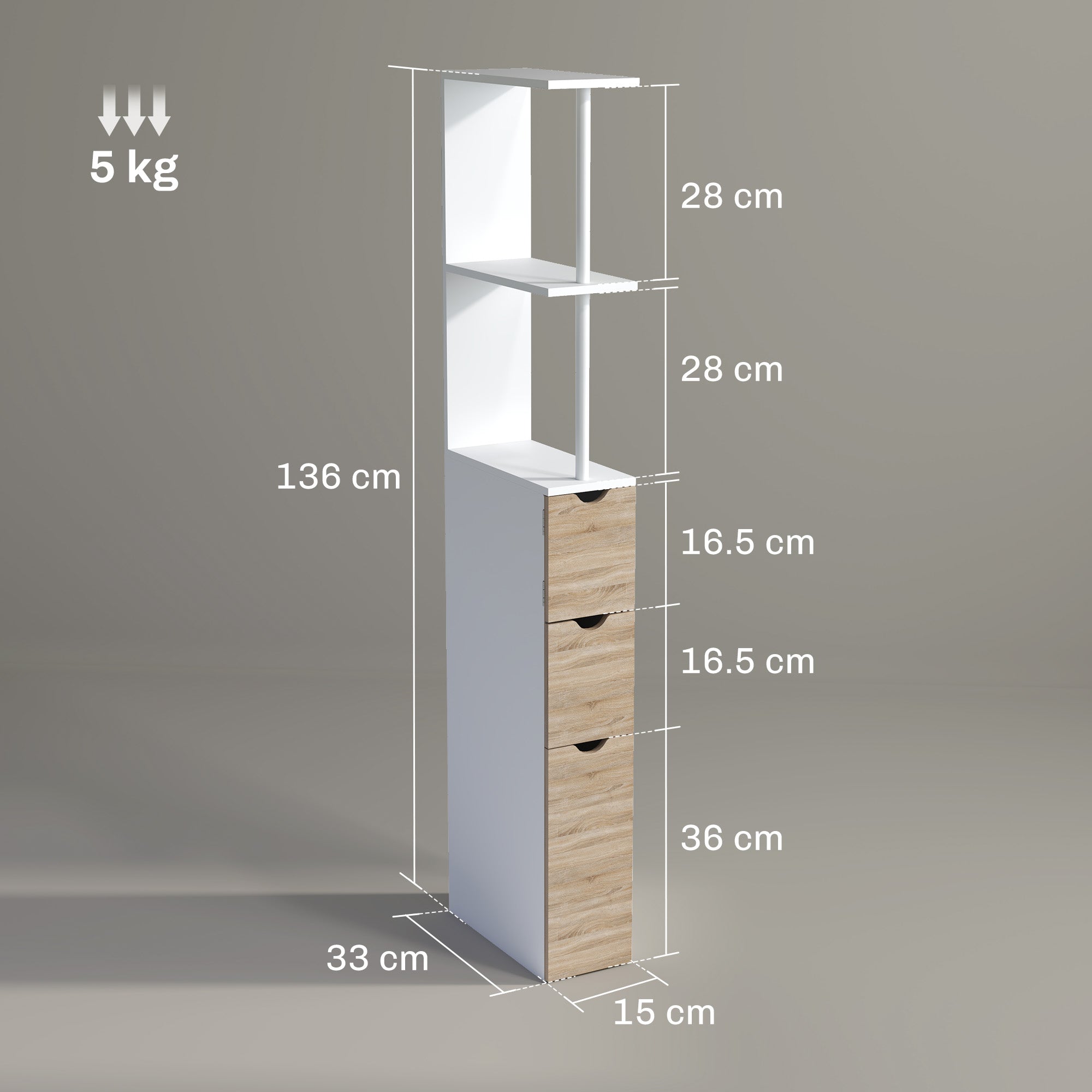EasyComfort Badkamerkolomkast 15x33x136 cm (MDF), houtkleur/wit