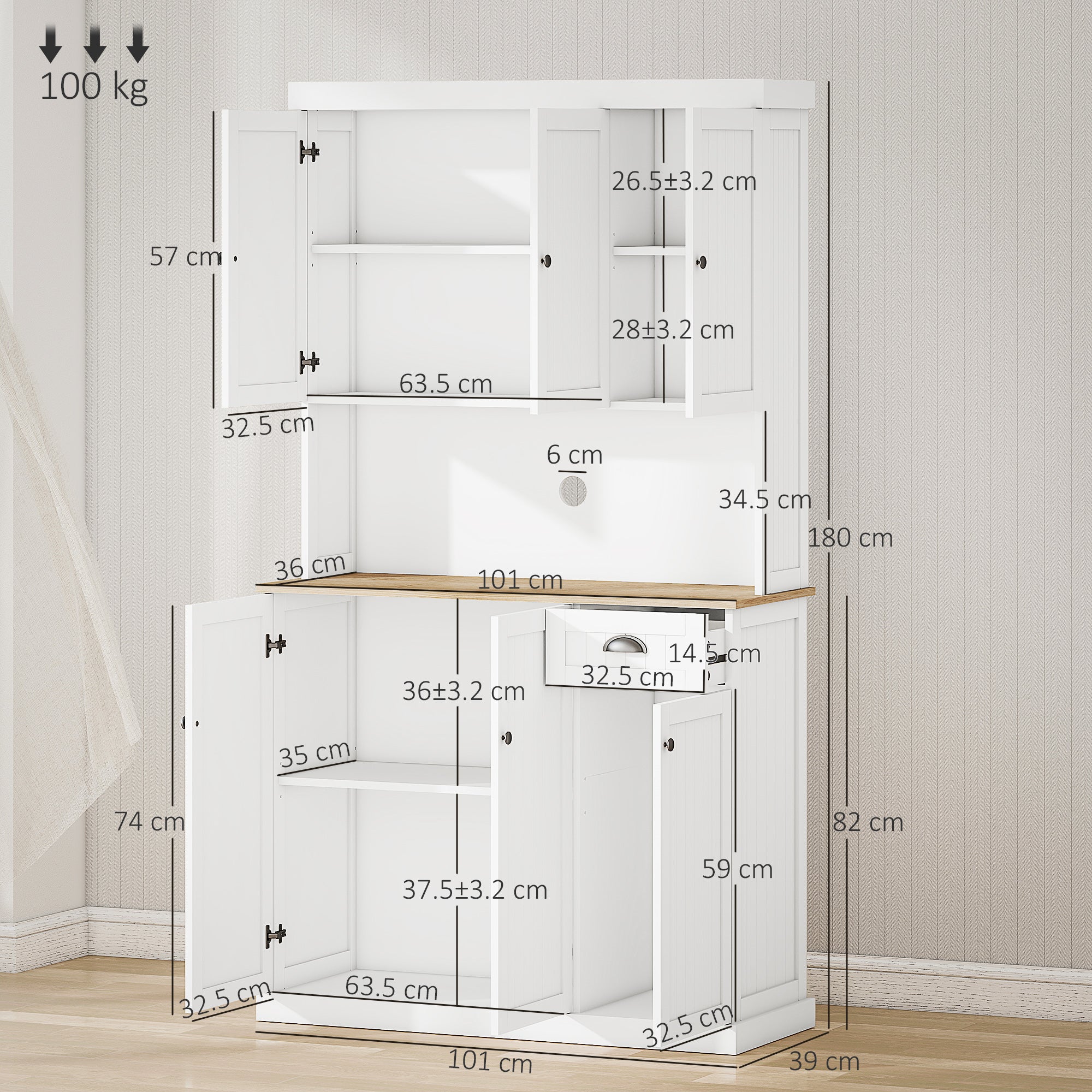 EasyComfort Mobile Dispensa Cucina in Legno with Armadietti e Cassetto Stile Country, 101x39x180cm, white