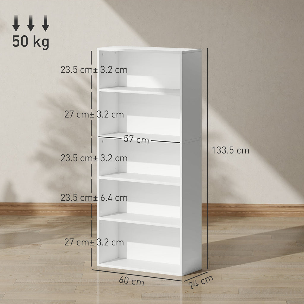EasyComfort Mobile Libreria a 5 Ripiani with 3 Scaffali Flessibili, in Legno, 60x24x133.5 cm, white