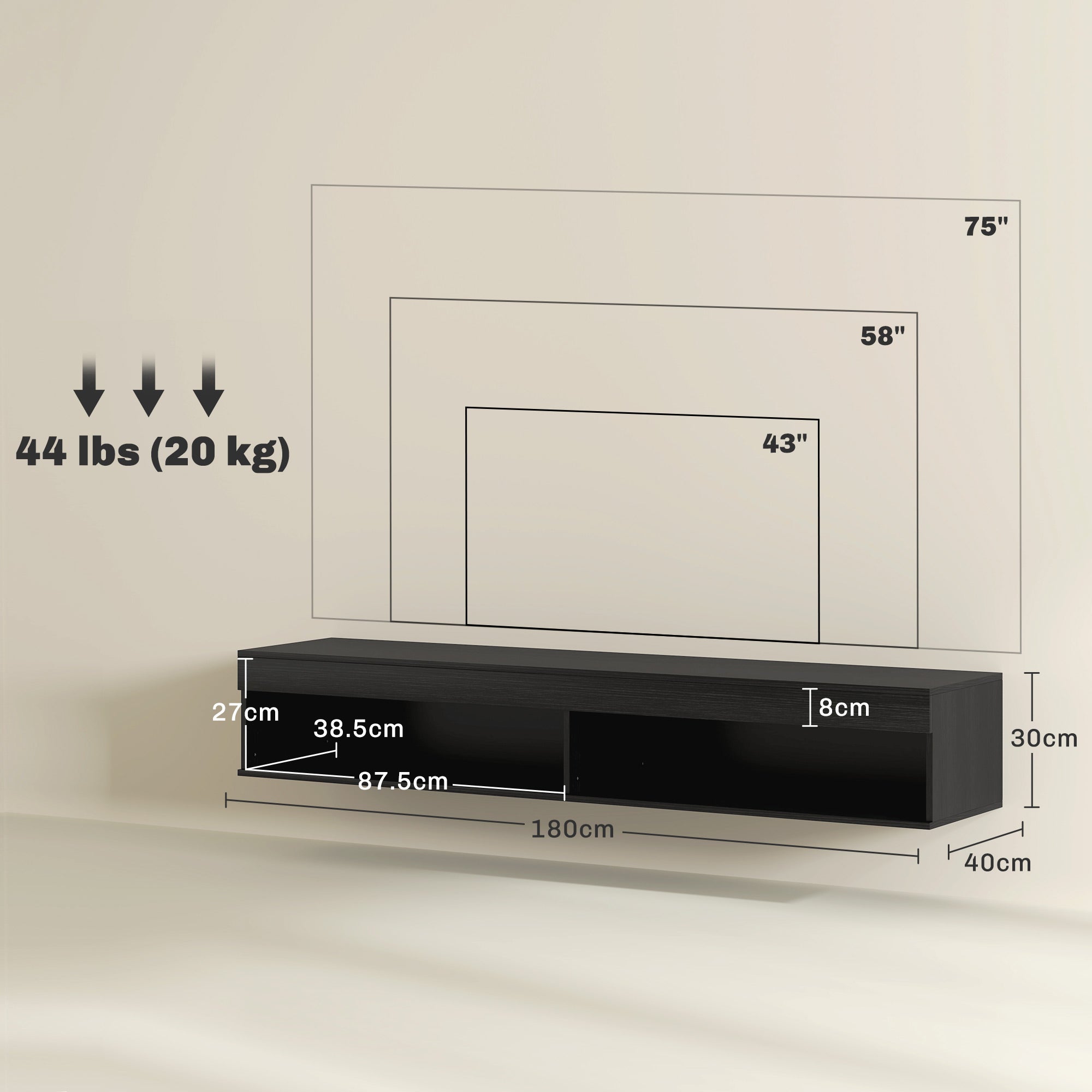 EasyComfort TV-meubel hangend voor 75" 180x40x30 cm, zwart