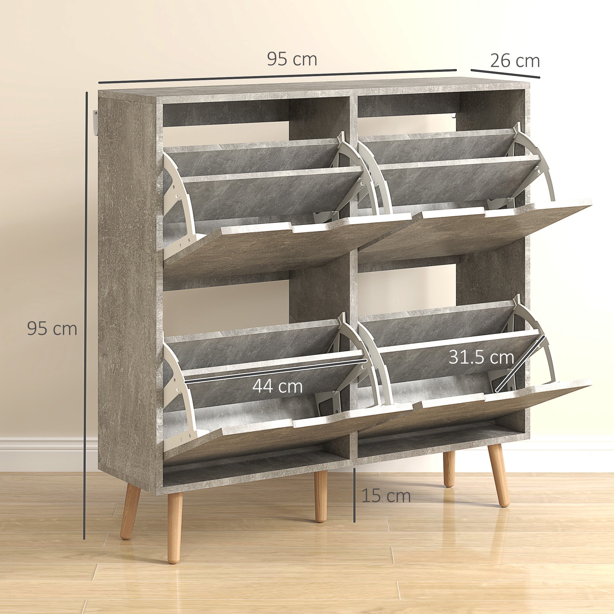 EasyComfort Mobile Scarpiera with 4 Cassetti Ribaltabili a 2 Livelli per 16 Paia, in Legno, 95x26x95 cm, Grigio