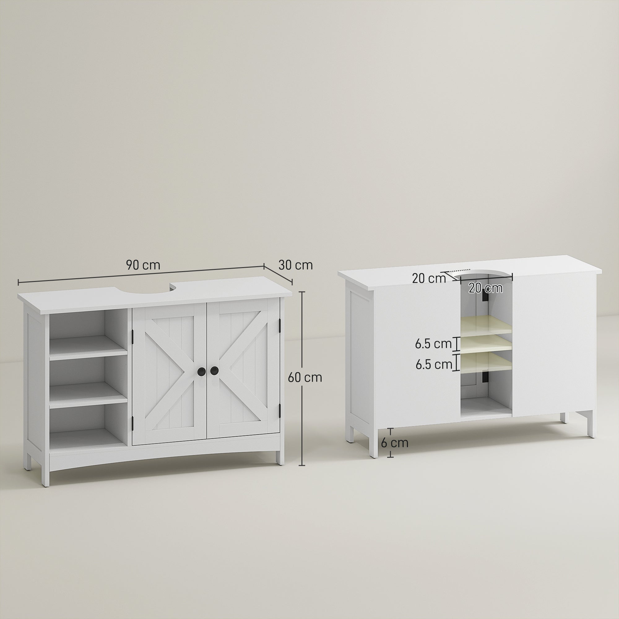 EasyComfort Mobile Sotto Lavabo Bagno with Armadietto a 2 Ante e 3 Ripiani Aperti in Legno, 90x30x60cm, white