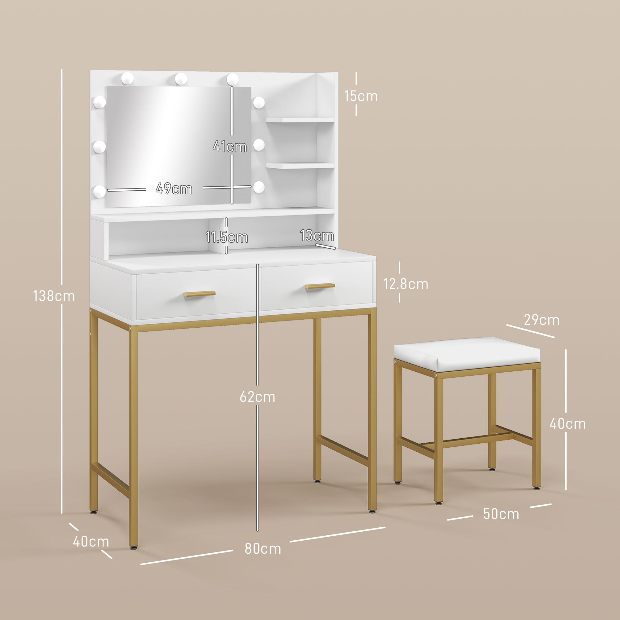 EasyComfort Kaptafel met spiegel, 2 lades & 5 planken, 80x40x138 cm