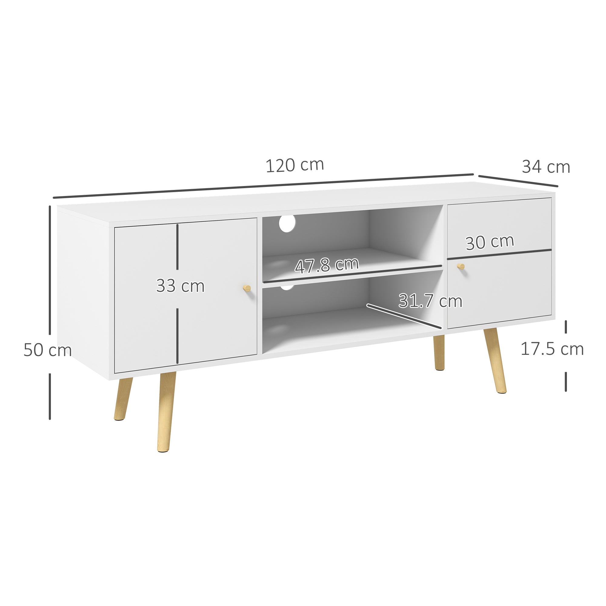 EasyComfort Mobile TV 55" tv-meubel, 2 kasten & 2 open planken, 120x34x50 cm, wit