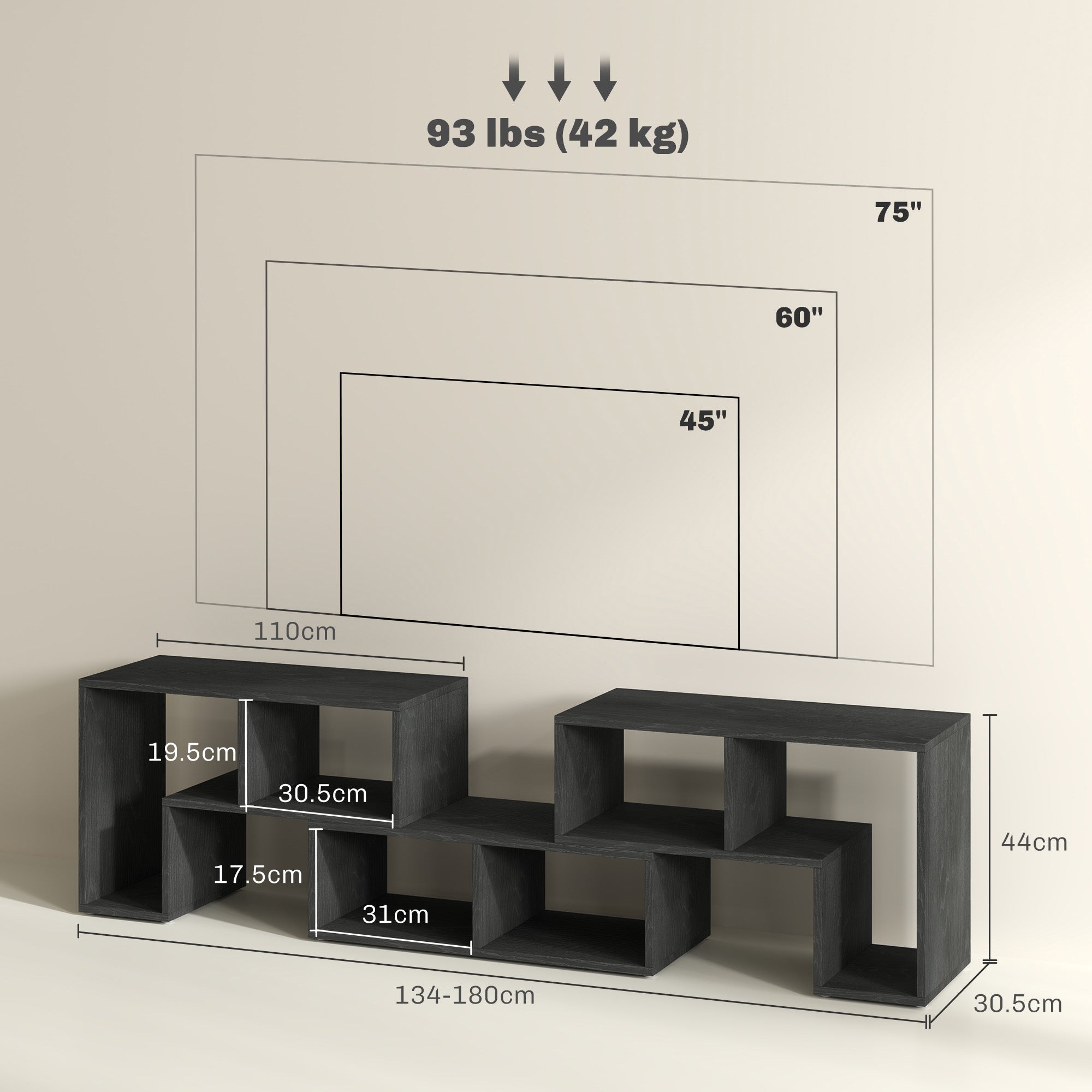 EasyComfort TV-meubel modulair 75" - 2 L-planken + rechthoekige plank, 134-180x30.5x44 cm