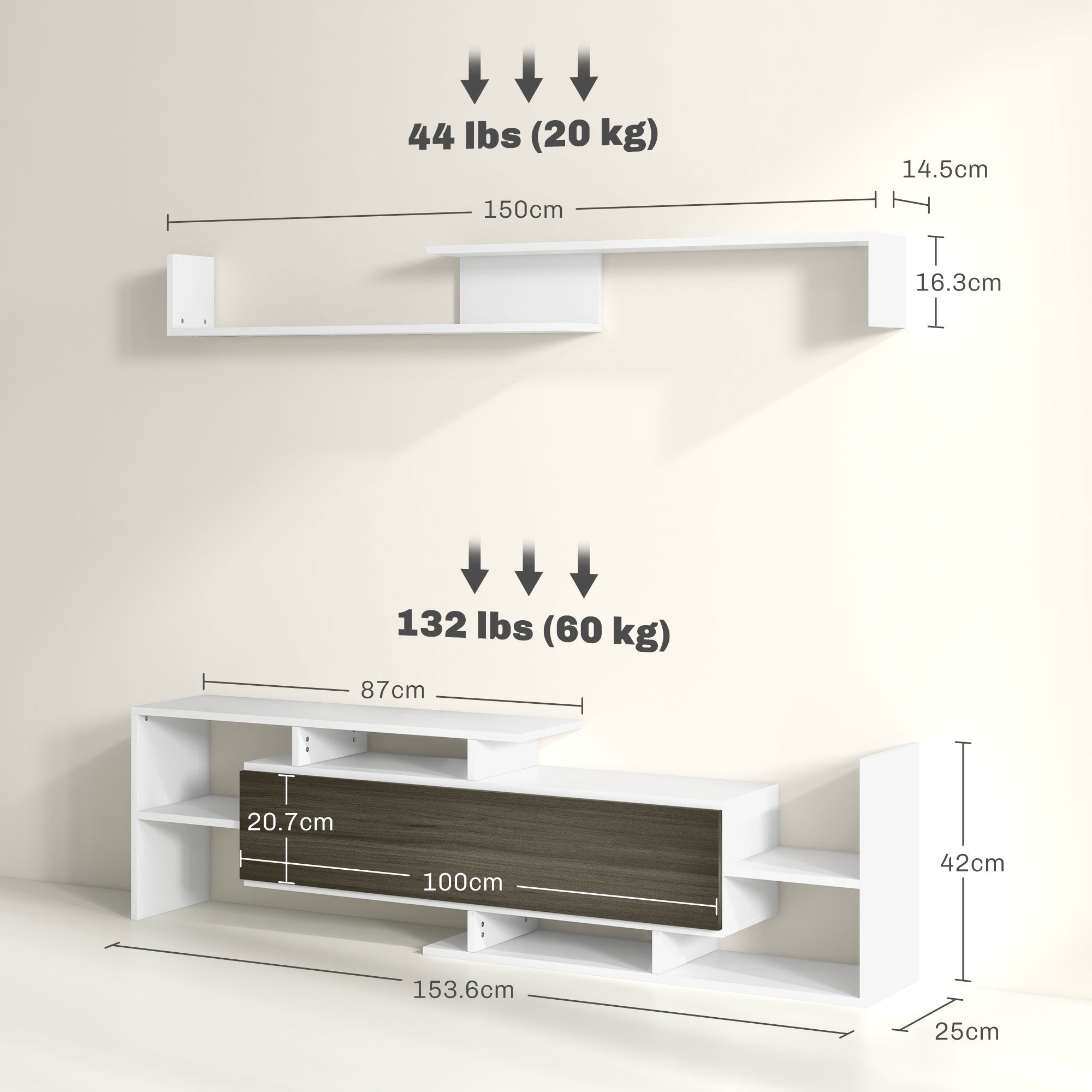 EasyComfort Mobile TV meubel met wandplank, 153.6 cm, wit/zwart
