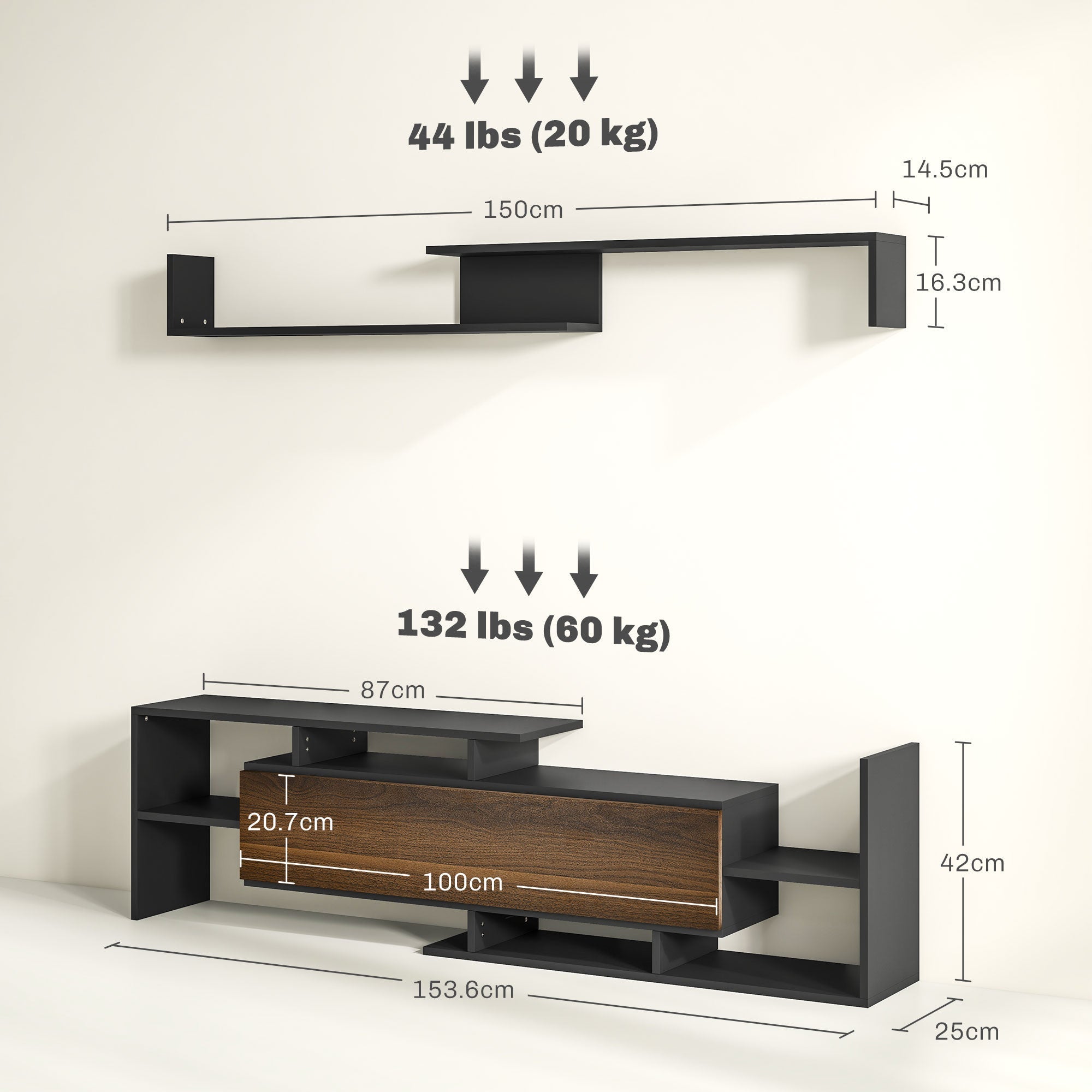 EasyComfort TV-meubel met wandplank, open planken en kast, zwart/bruin