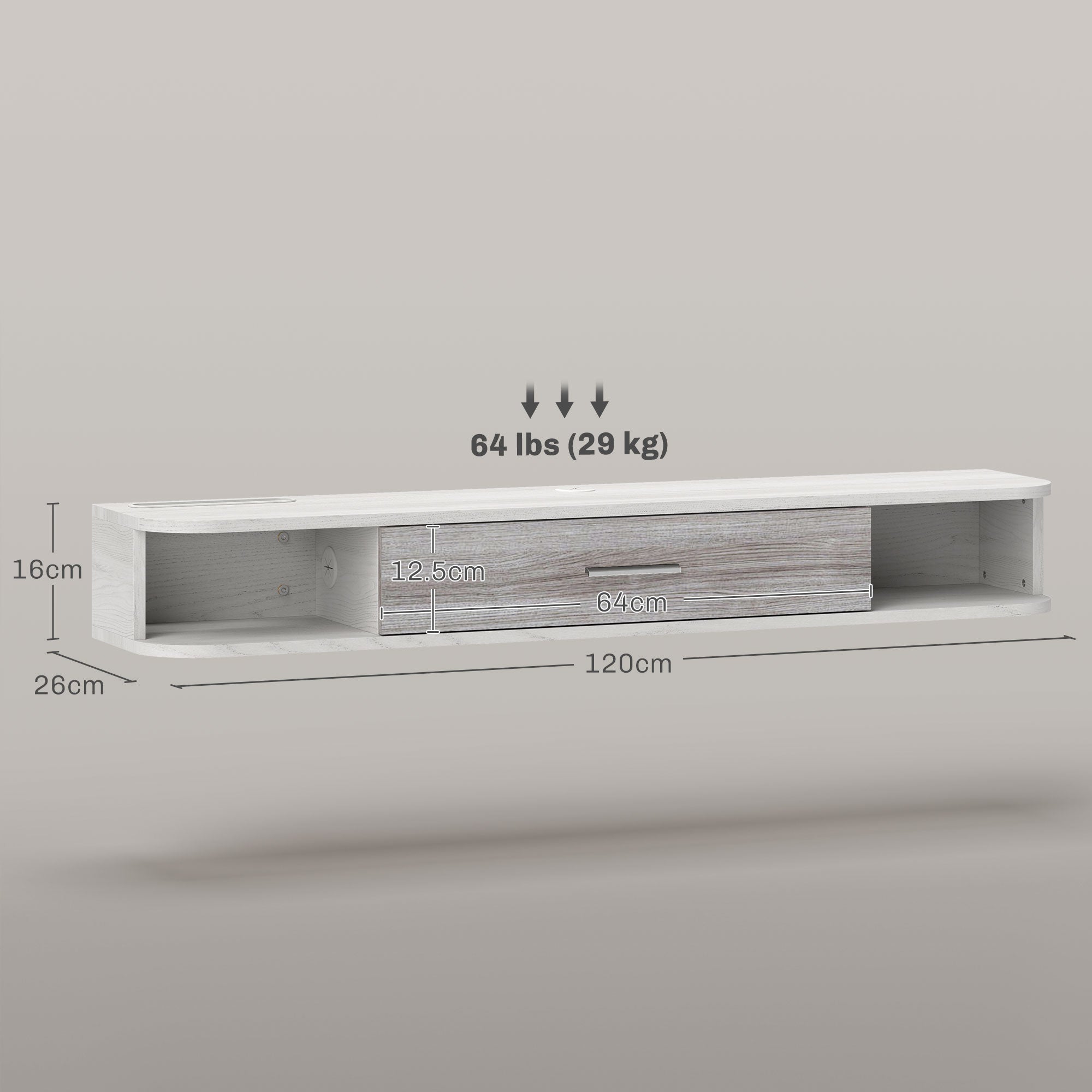 EasyComfort TV-wandmeubel 120x26x16 cm, wit/grijs