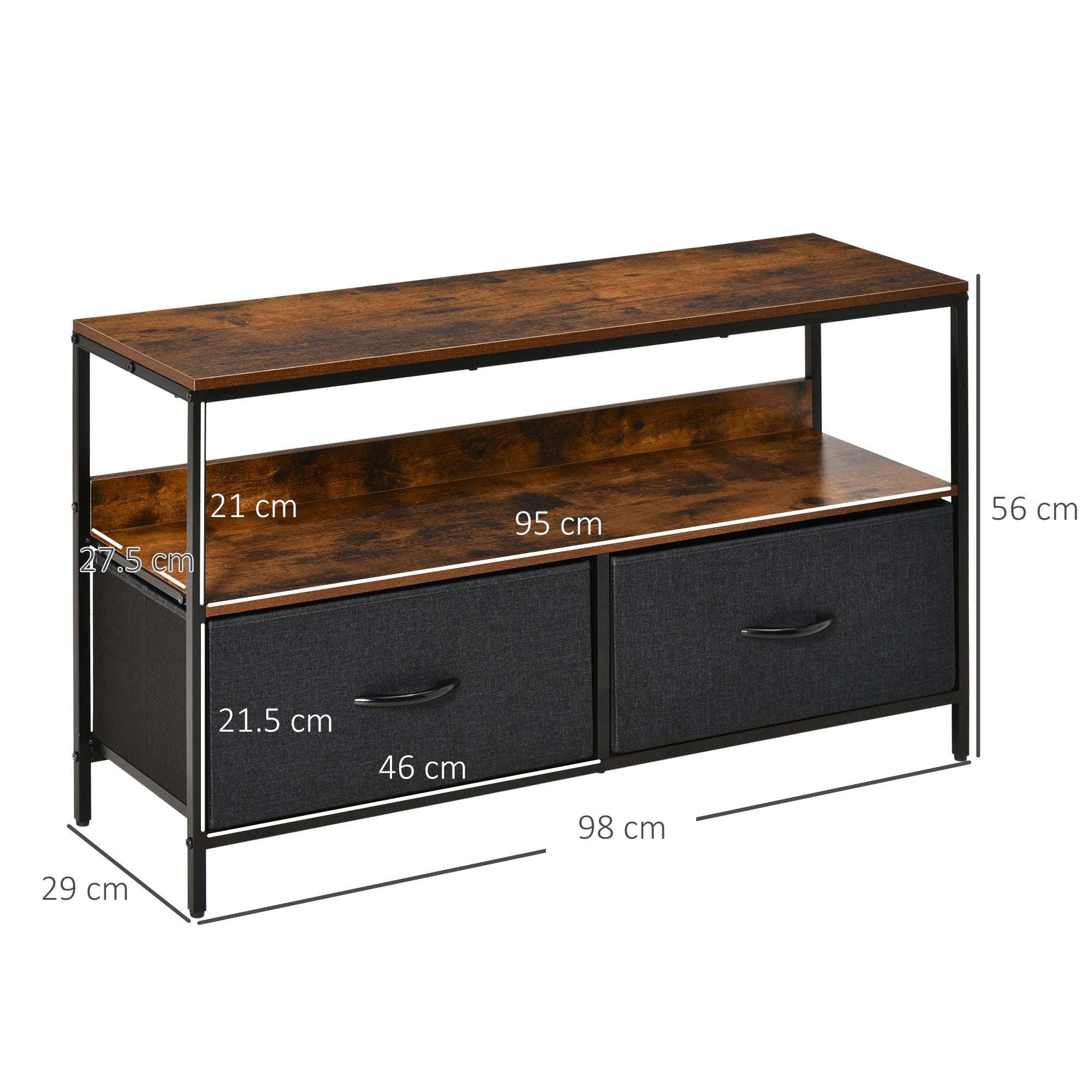 Easycomfort Mobile TV Stile Industriale with Cassetti Pieghevoli in Tessuto e Mensola, Mobiletto TV in Metallo e MDF, 98x29x56cm, Marrone e black