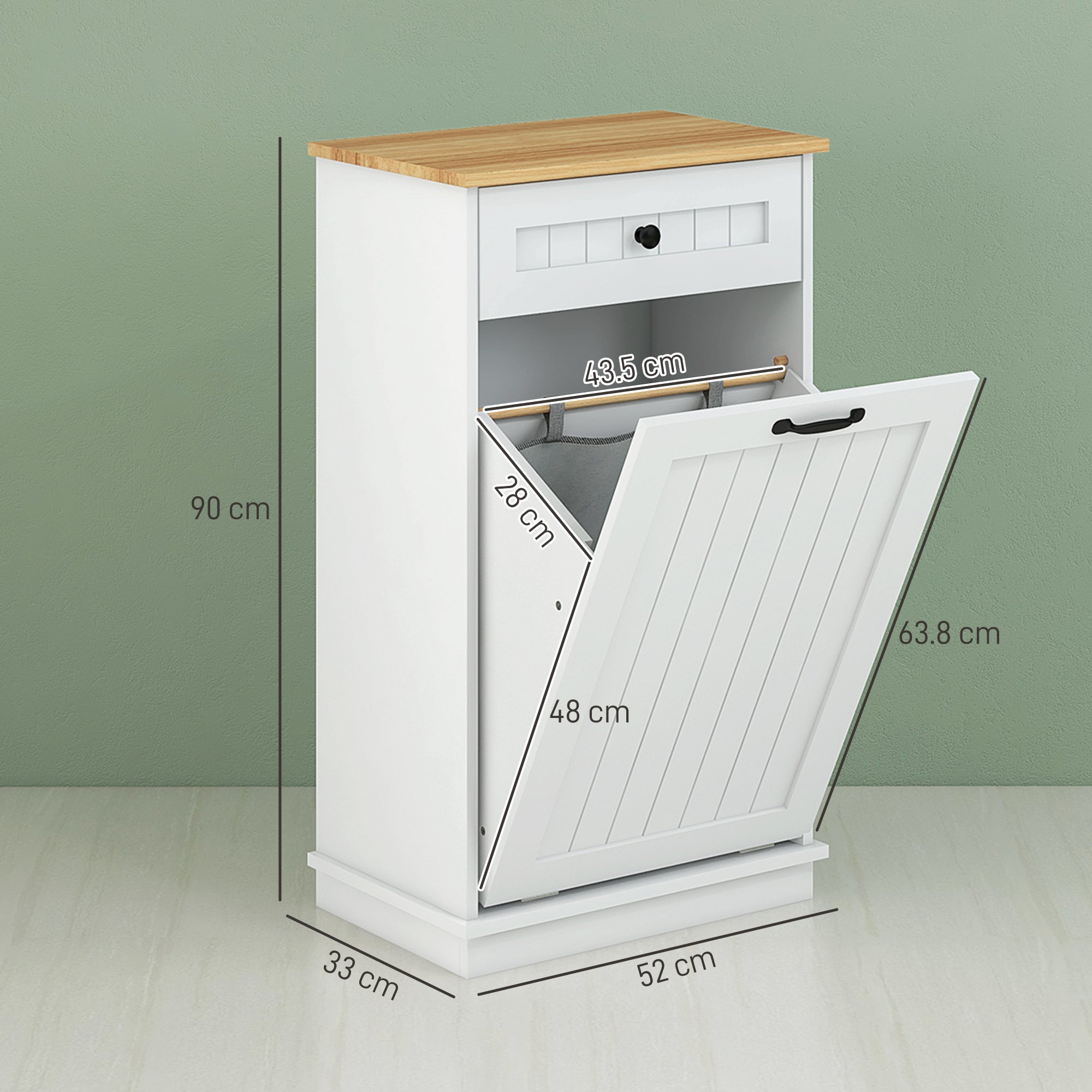EasyComfort Mobiletto Bagno in Legno with Cesto Portabiancheria in Tessuto Ribaltabile e Cassetto, white