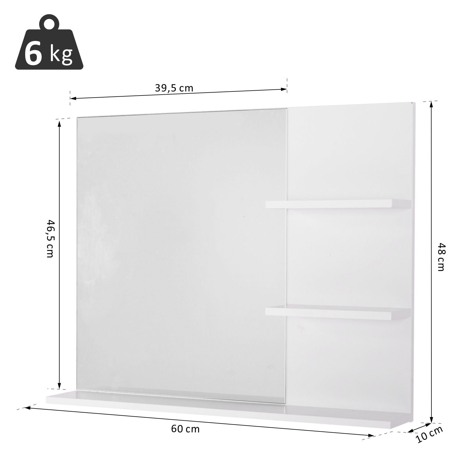 Easycomfort Mobiletto Pensile Bagno 60 x 10 x 48cm, with Specchio e 3 Ripiani, Armadietto wall-mounted in MDF white