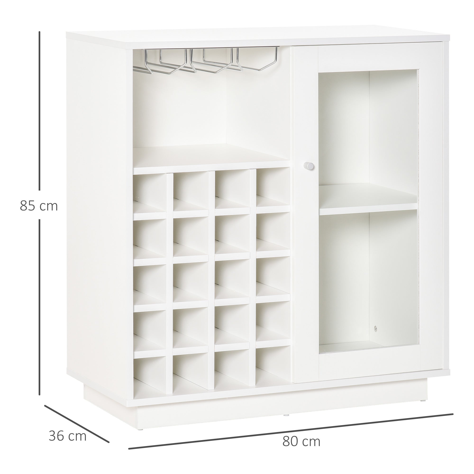 EasyComfort Mobiletto Portabottiglie Vini with Porta Calici e Armadietto, Capacità 20 Bottiglie, 80x36x85 cm, white