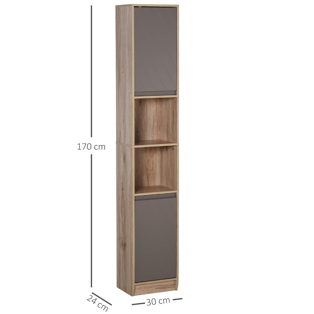 EasyComfort Mobiletto Salvaspazio per Bagno in Legno, Mobile da Bagno with 2 Armadietti e 6 Ripiani, Grigio e Rovere, Design a Torre 30 x 24 x 170cm