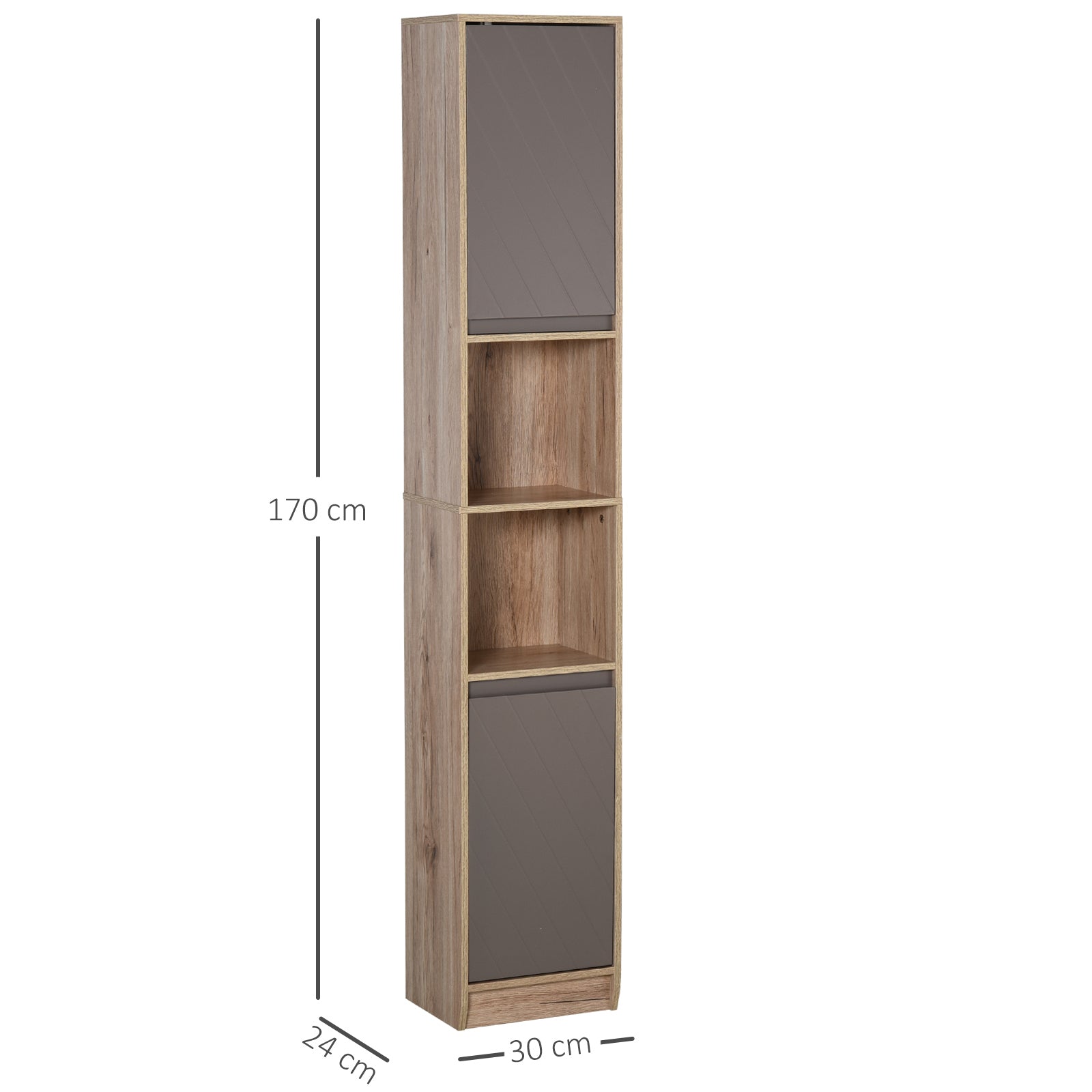 EasyComfort Mobiletto Salvaspazio per Bagno in Legno, Mobile da Bagno with 2 Armadietti e 6 Ripiani, Grigio e Rovere, Design a Torre 30 x 24 x 170cm