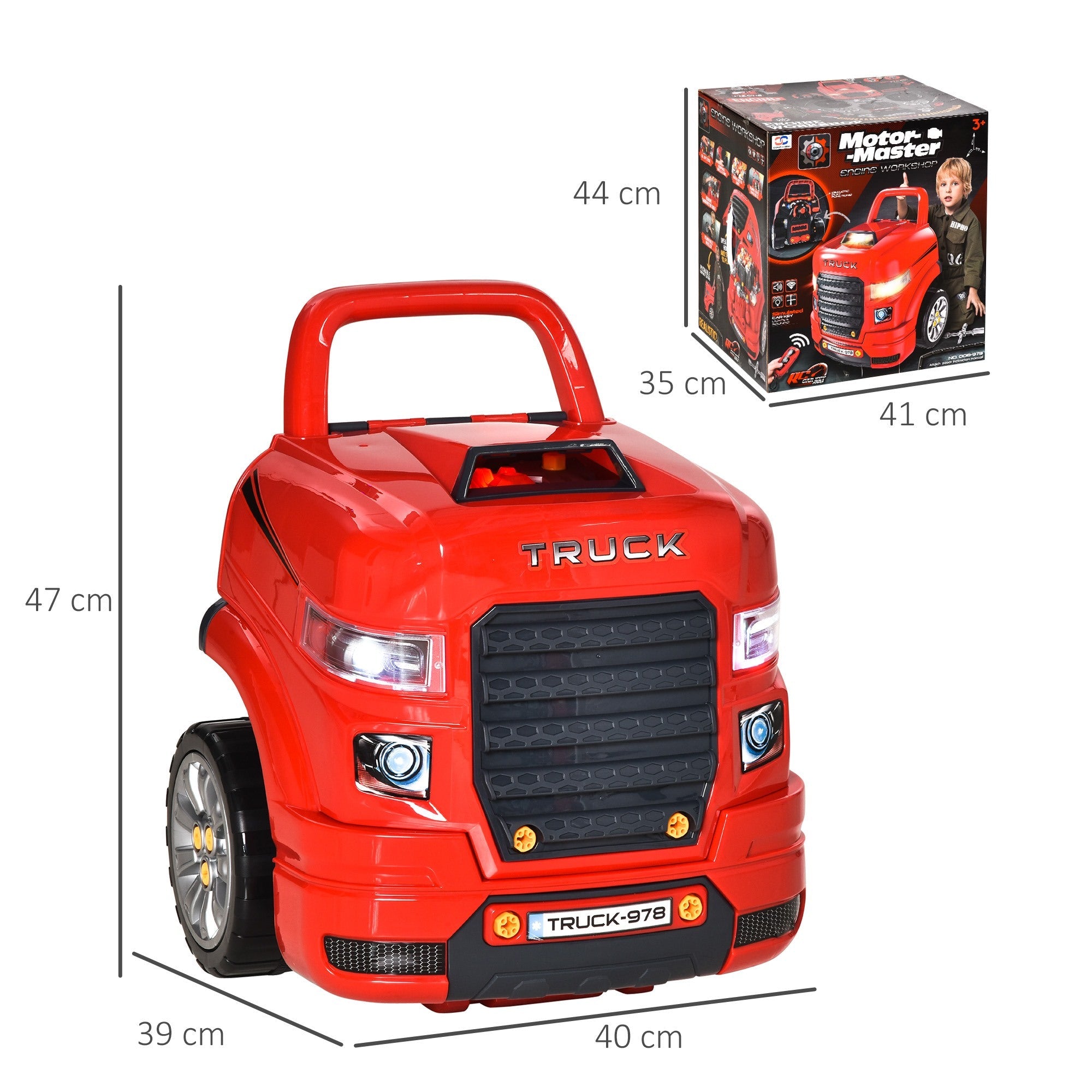 Easycomfort Officina Camion Giocattolo with Motore e 61 Accessori per Bambini 3-5 Anni, Ruote e Maniglia, 40x39x47cm, Rosso